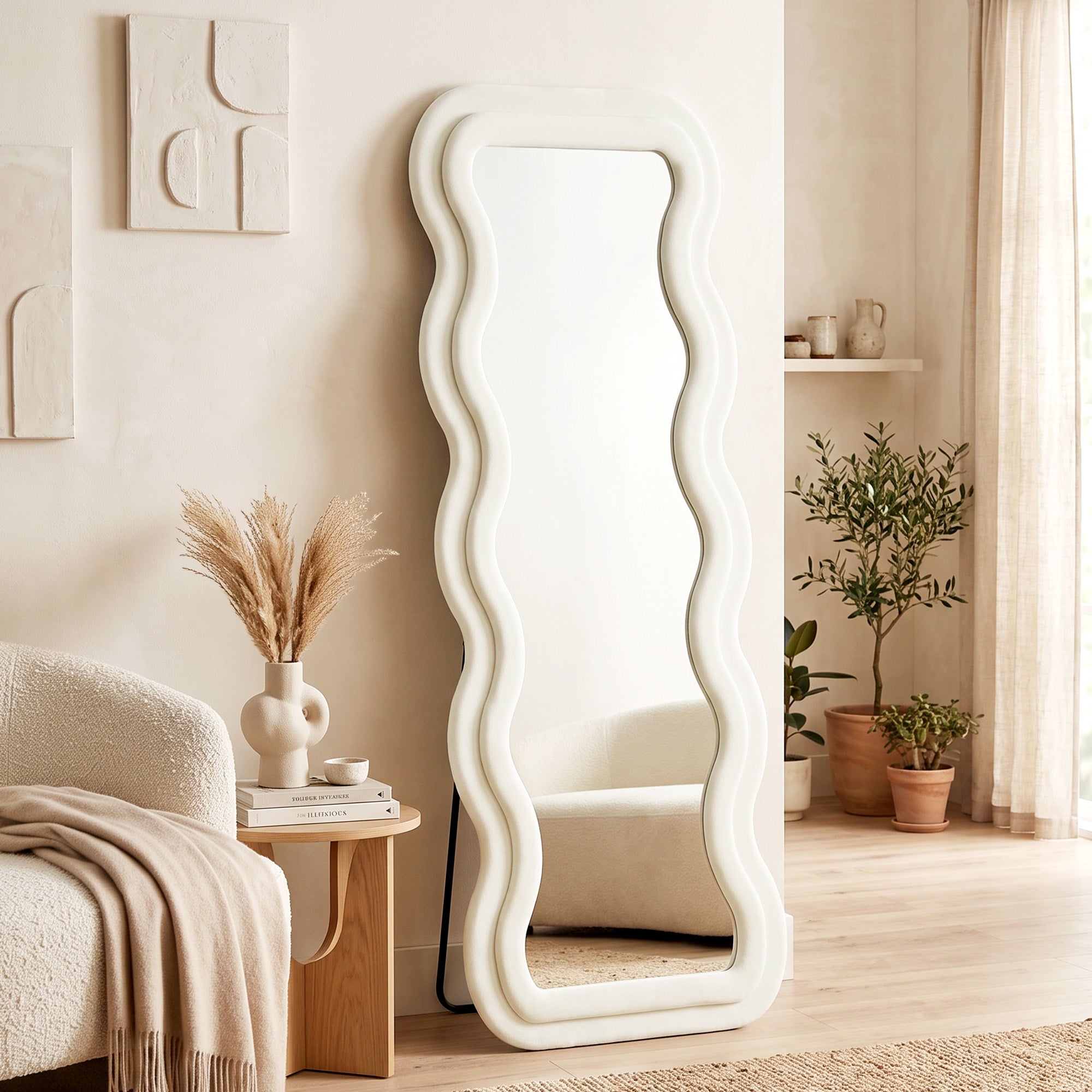 Full Length Mirror, 160 x 60 cm Wavy Large Full Body Standing Mirror with Velvet Frame, HD Tempered Glass, Floor Standing, Wall Hanging or Leaning for Bedroom, Living Room, Cream White