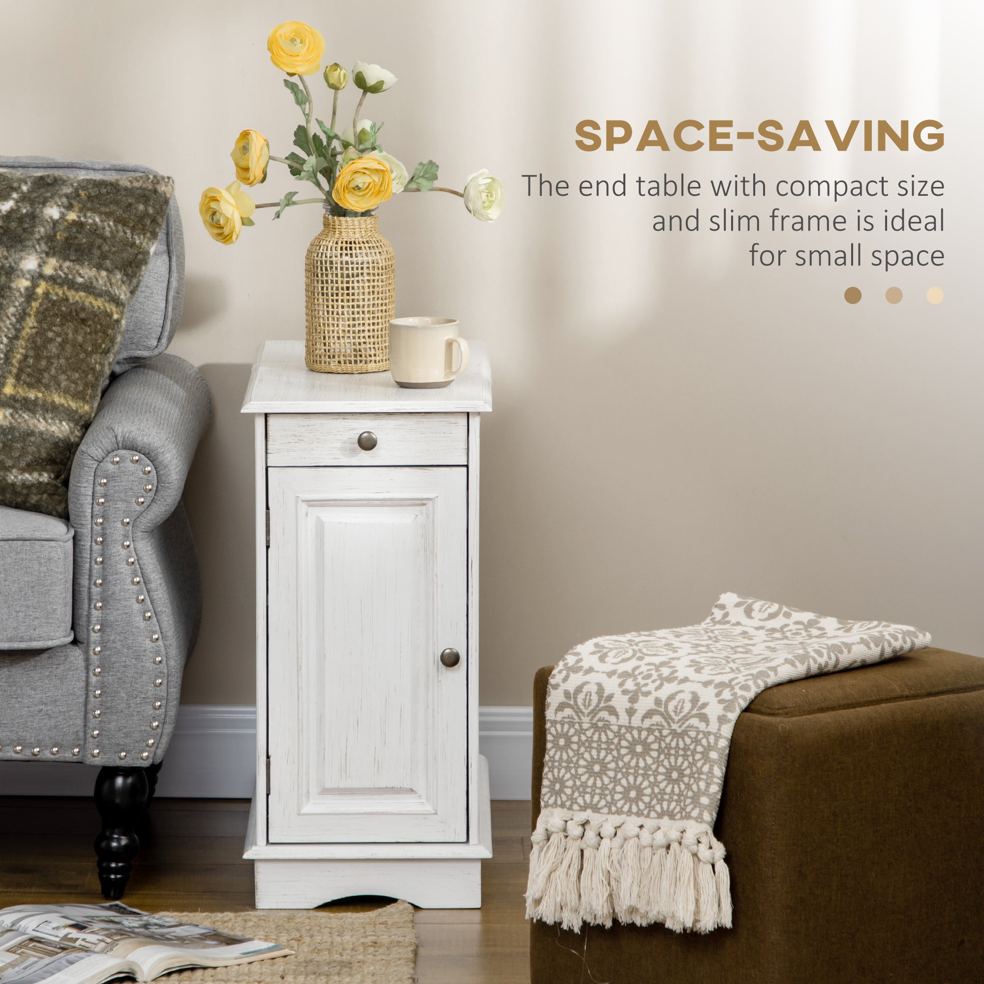 Flip Top End Side Table with Storage Drawer and Cabinet 11.5" x 24" x 24.25" White