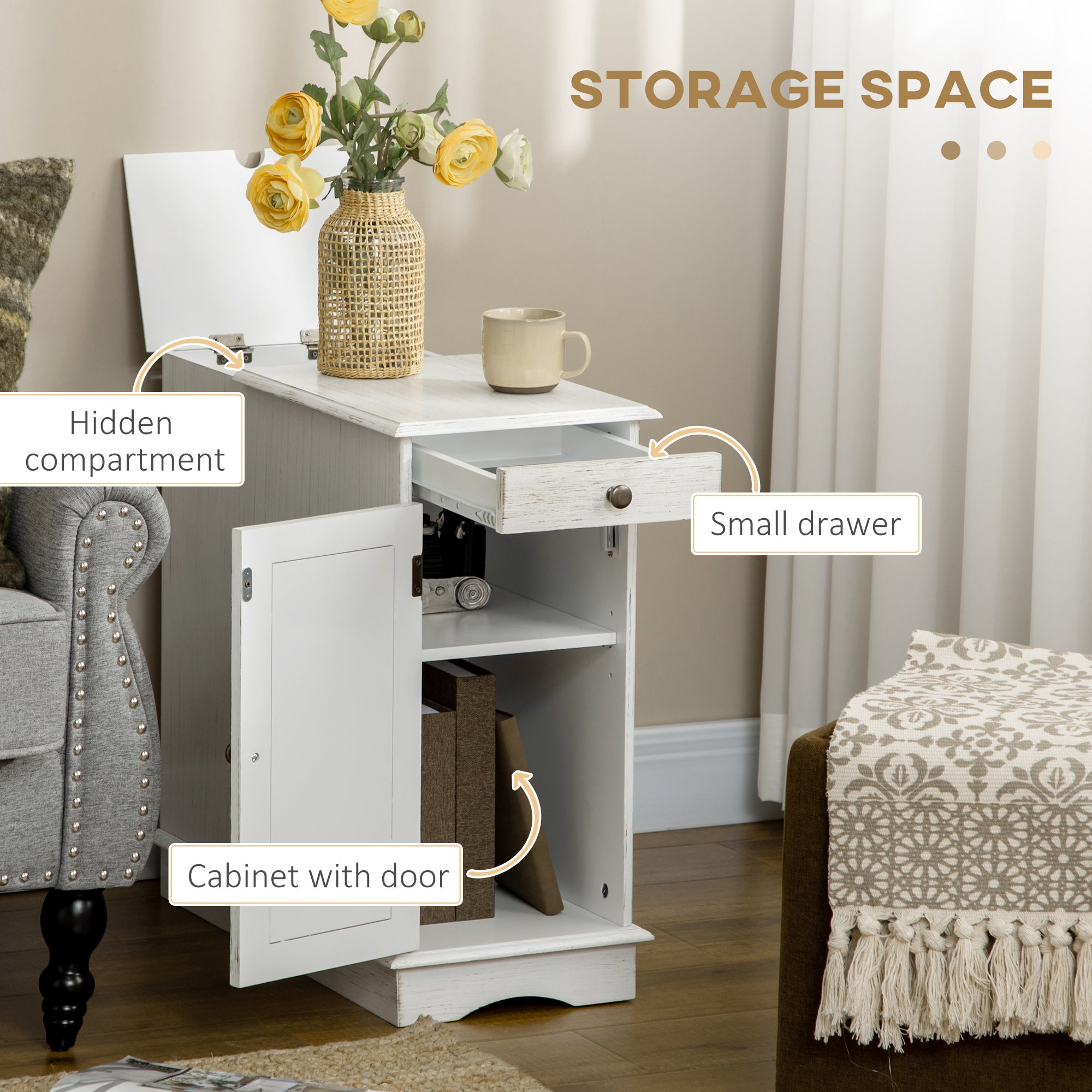 Flip Top End Side Table with Storage Drawer and Cabinet 11.5" x 24" x 24.25" White