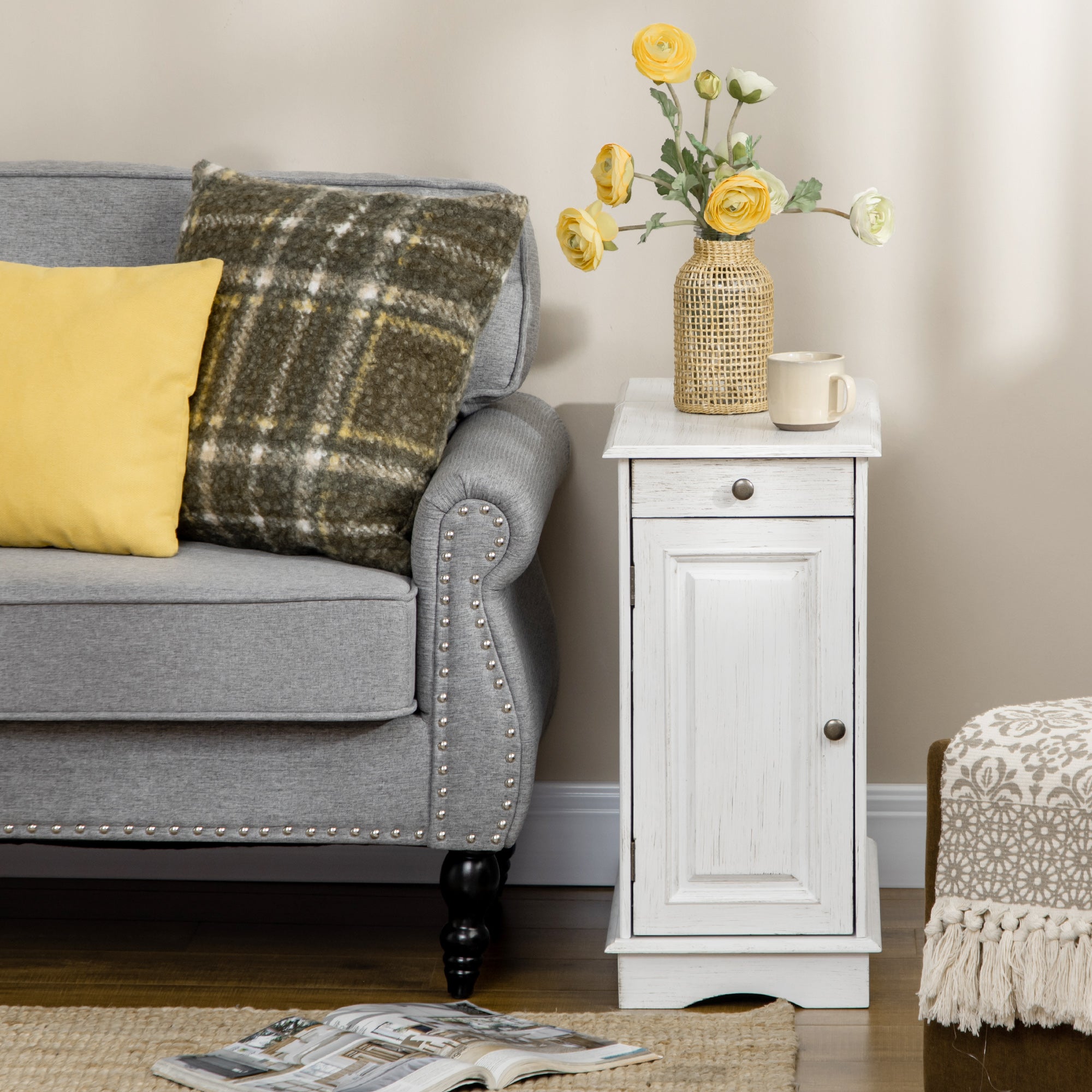 Flip Top End Side Table with Storage Drawer and Cabinet 11.5" x 24" x 24.25" White