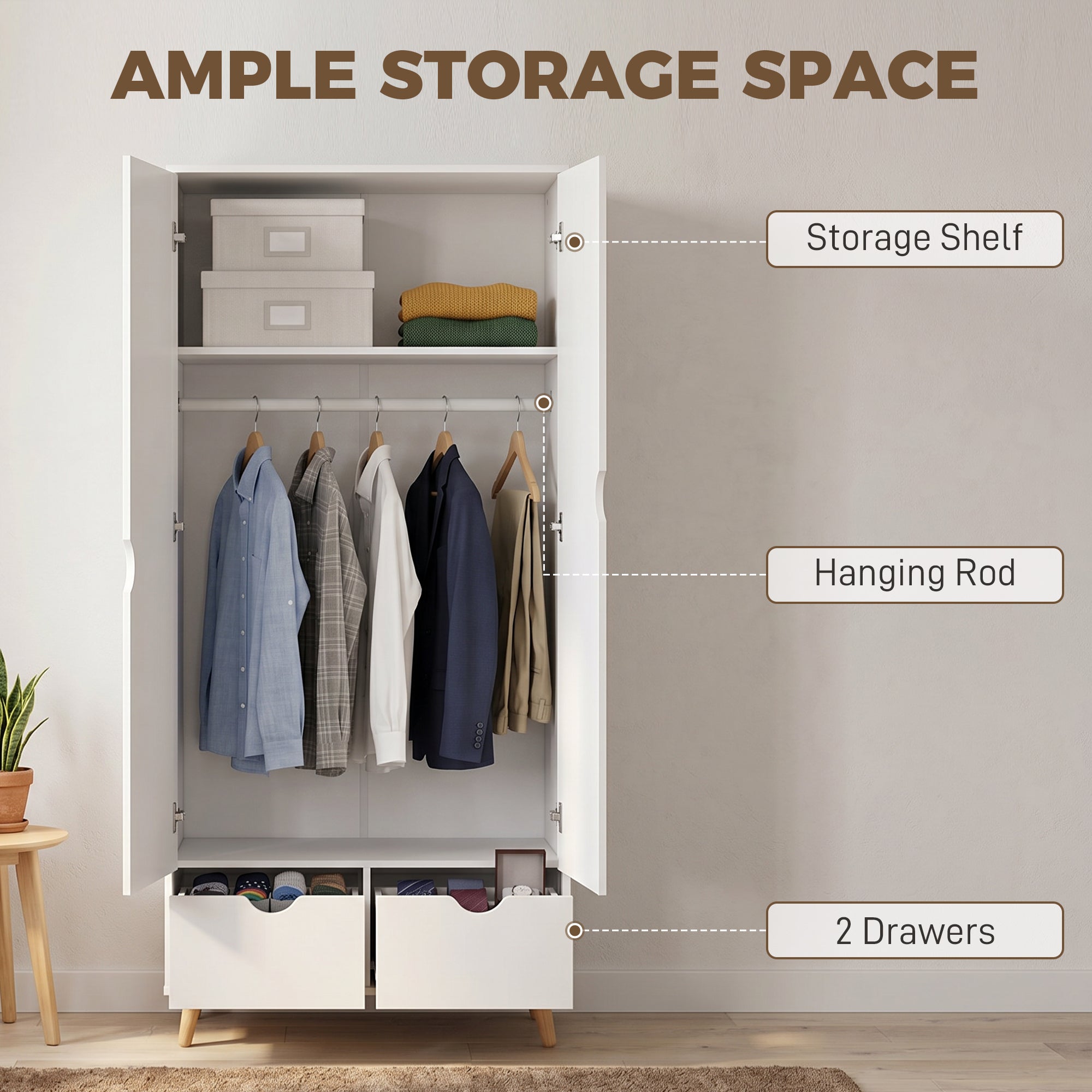 2-Door Clothes Wardrobe with Hanging Rail, Top Storage Shelf and 2 Drawers, Wood Feet, Elegant Home Storage Organisation Furniture for Dresses, Coats and Accessories, White