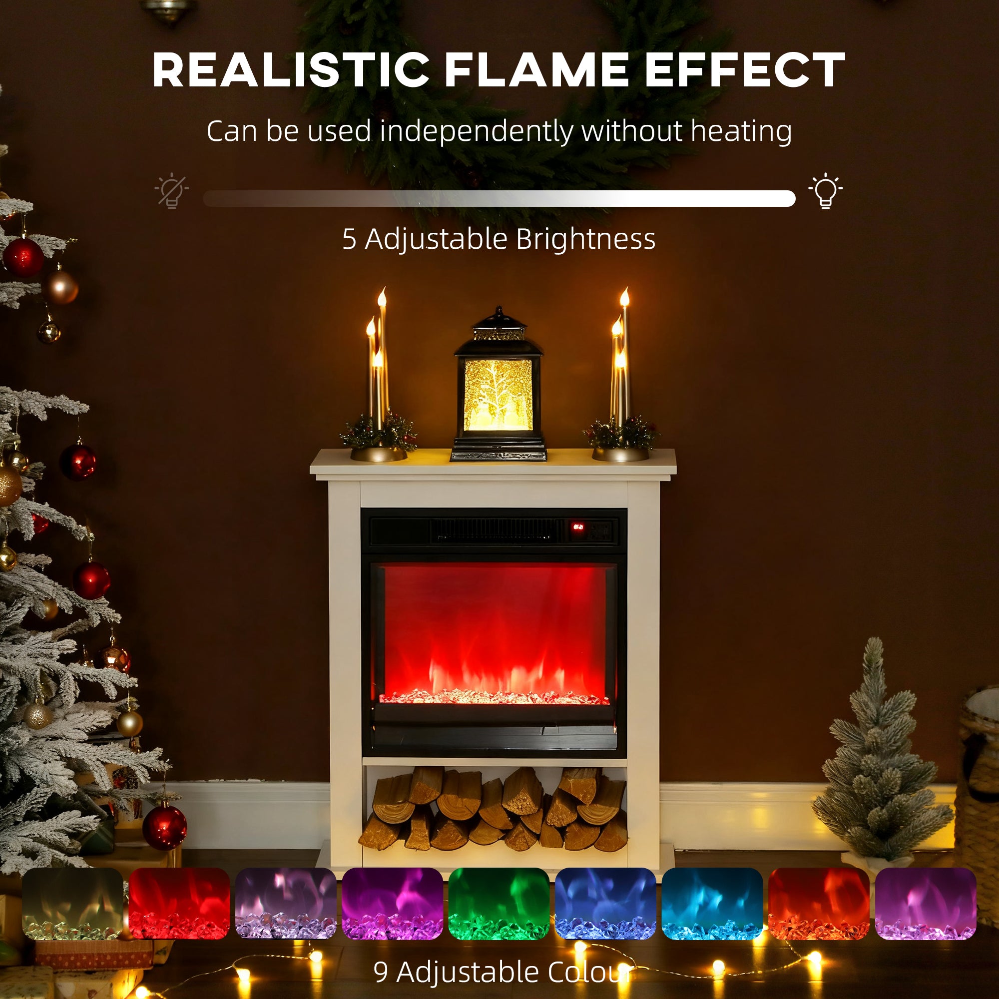 Electric Fireplace with 9 Colours Realistic Flame Effect & 5 Brightness Levels, 1800W Freestanding White Electric Fire and Mantel Reach up to 30㎡ Space with Remote & Timer for Living Room