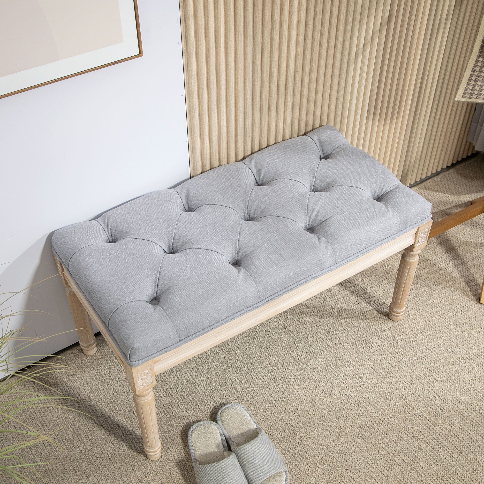 HOMCOM 80cm End of Bed Bench, Window Seat, Tufted Bench for Bedroom, Hallway, Living Room, Light Grey