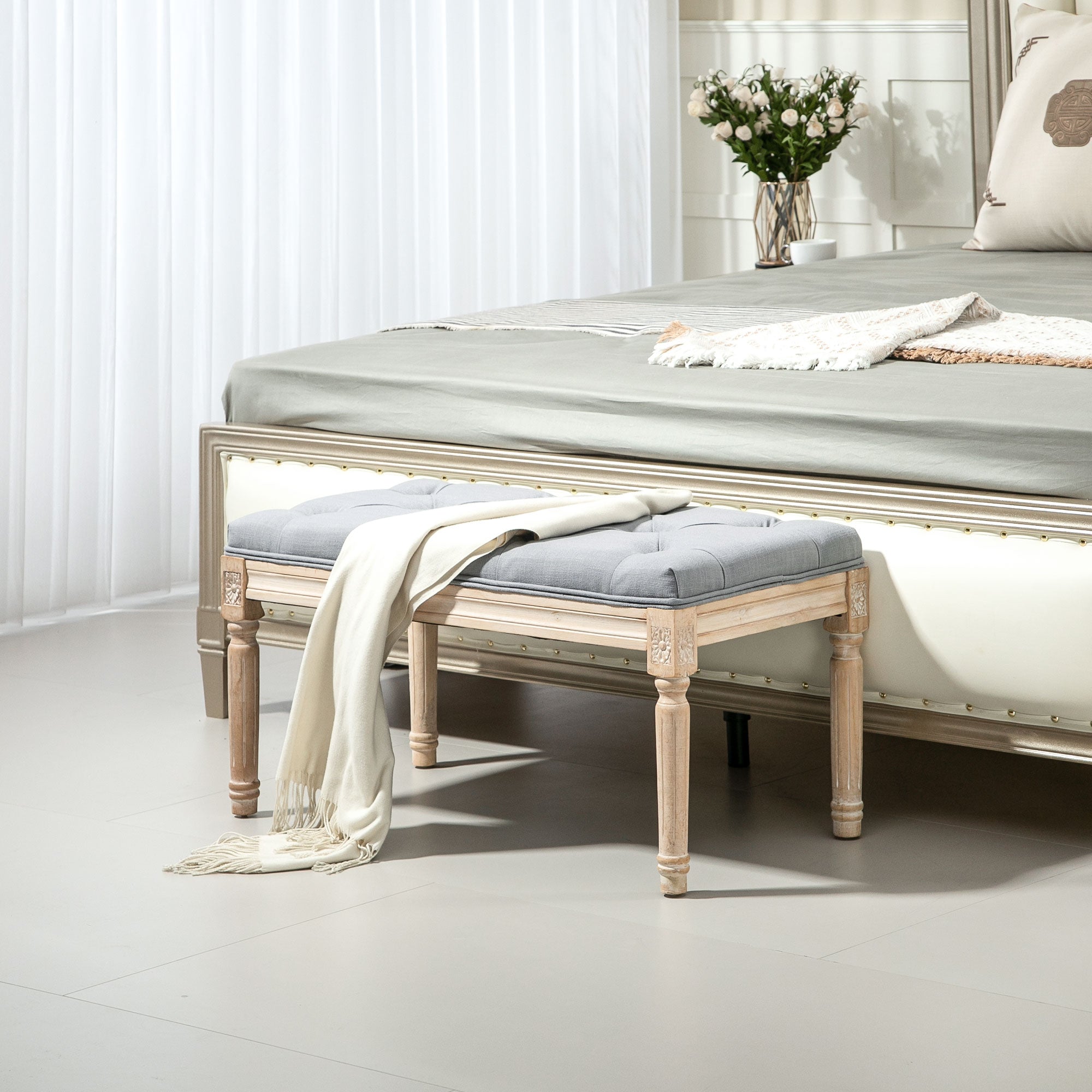 HOMCOM 80cm End of Bed Bench, Window Seat, Tufted Bench for Bedroom, Hallway, Living Room, Light Grey