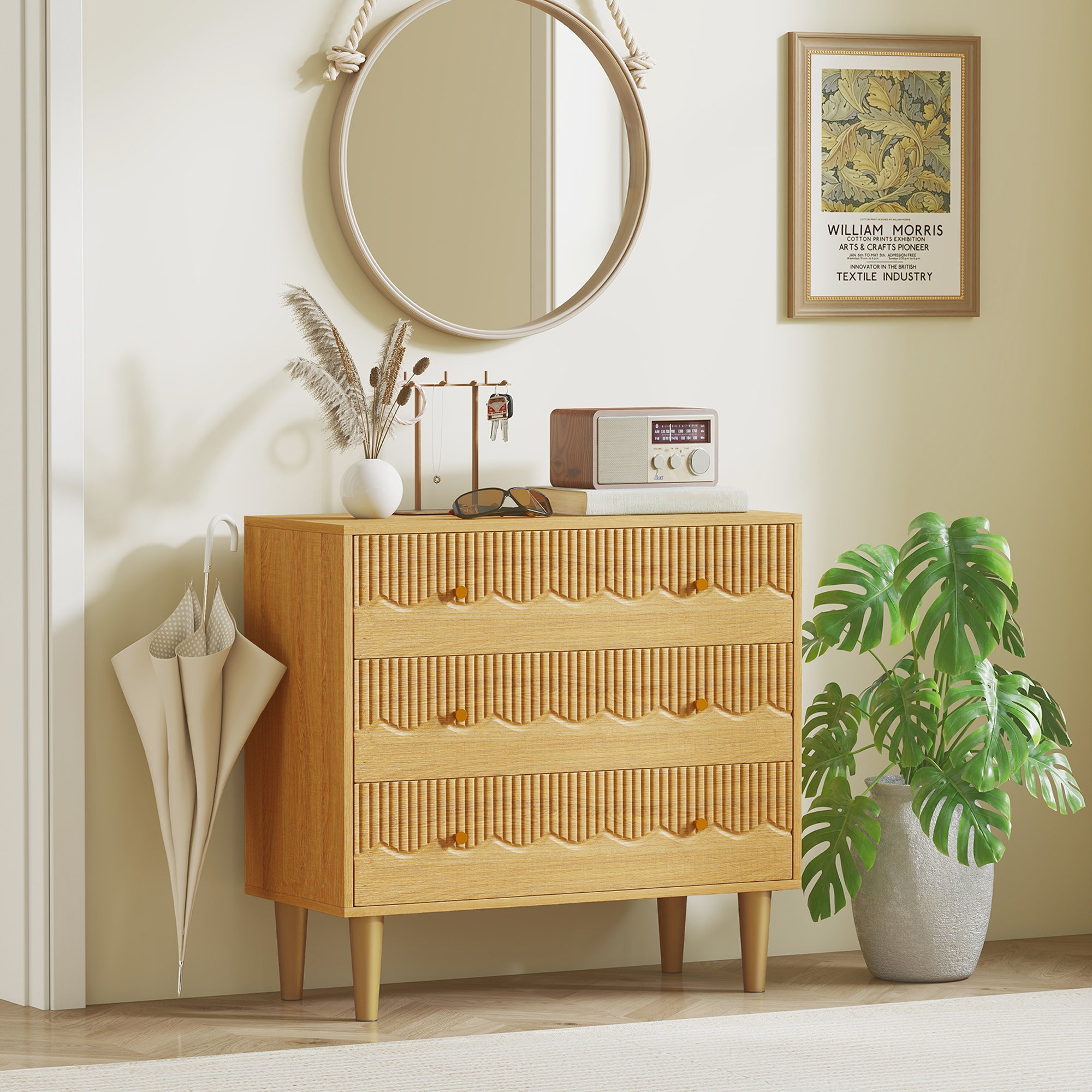 Chest of Drawers, 3 Drawer Dresser, Storage Cabinet with Steel Legs and Wooden Top for Bedroom, Living Room, Oak