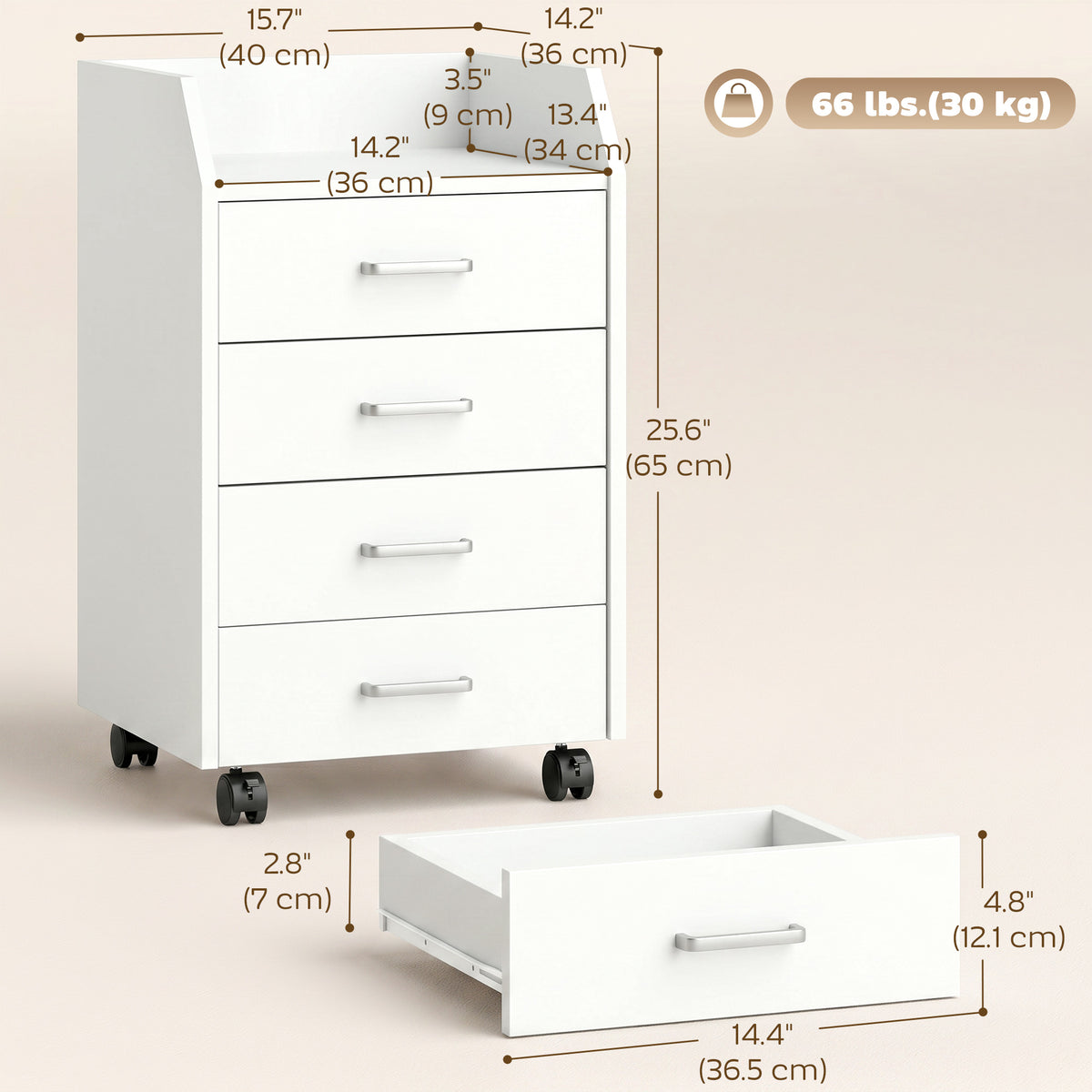 4-Drawer File Cabinet with Lockable Wheels, Vertical Mobile Filing Cabinet, Rolling Printer Stand with Tabletop for Home Office, White