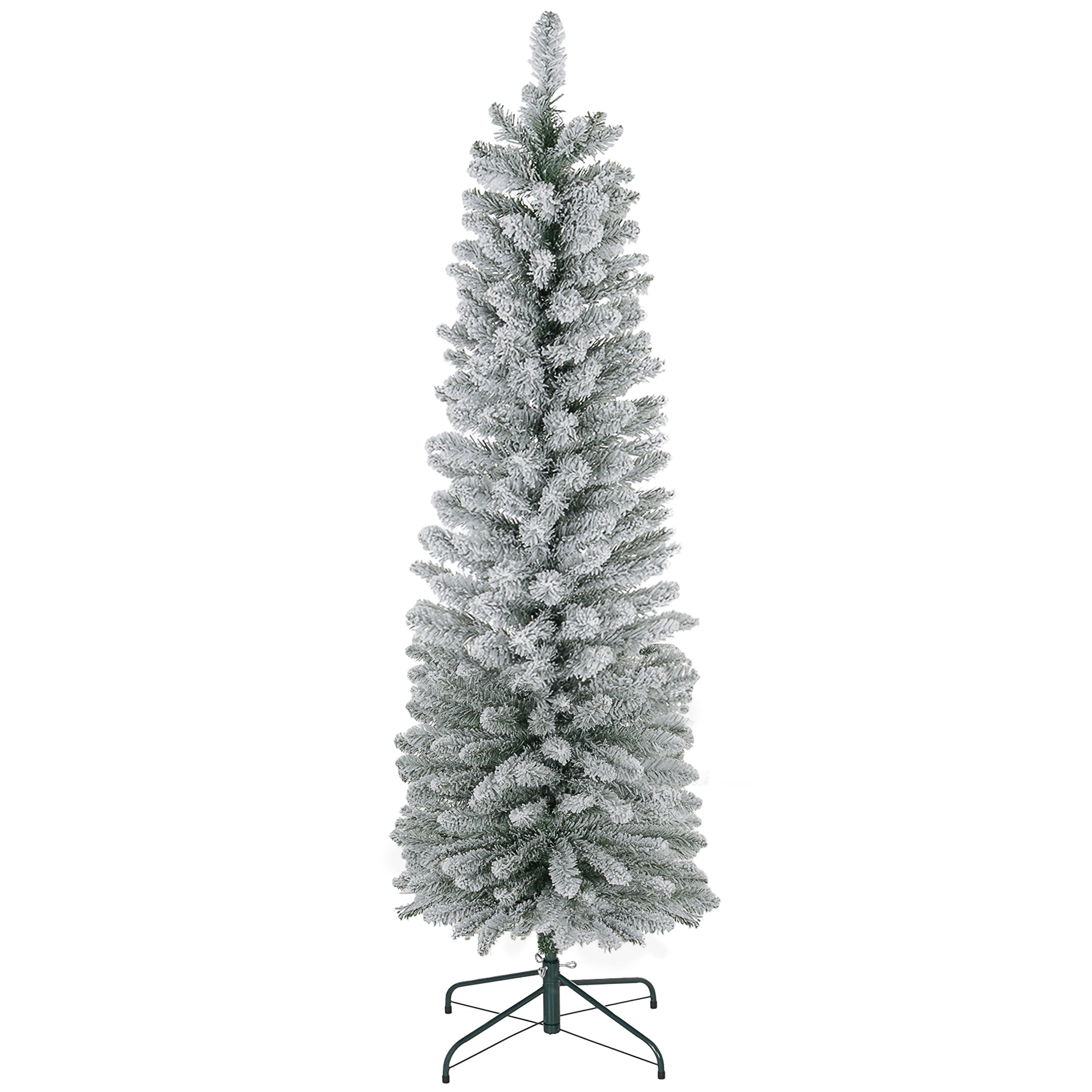 6ft Artificial Pencil Christmas Tree with 329 Snow Flocked Branches, Metal Base, Realistic Xmas Tree, White