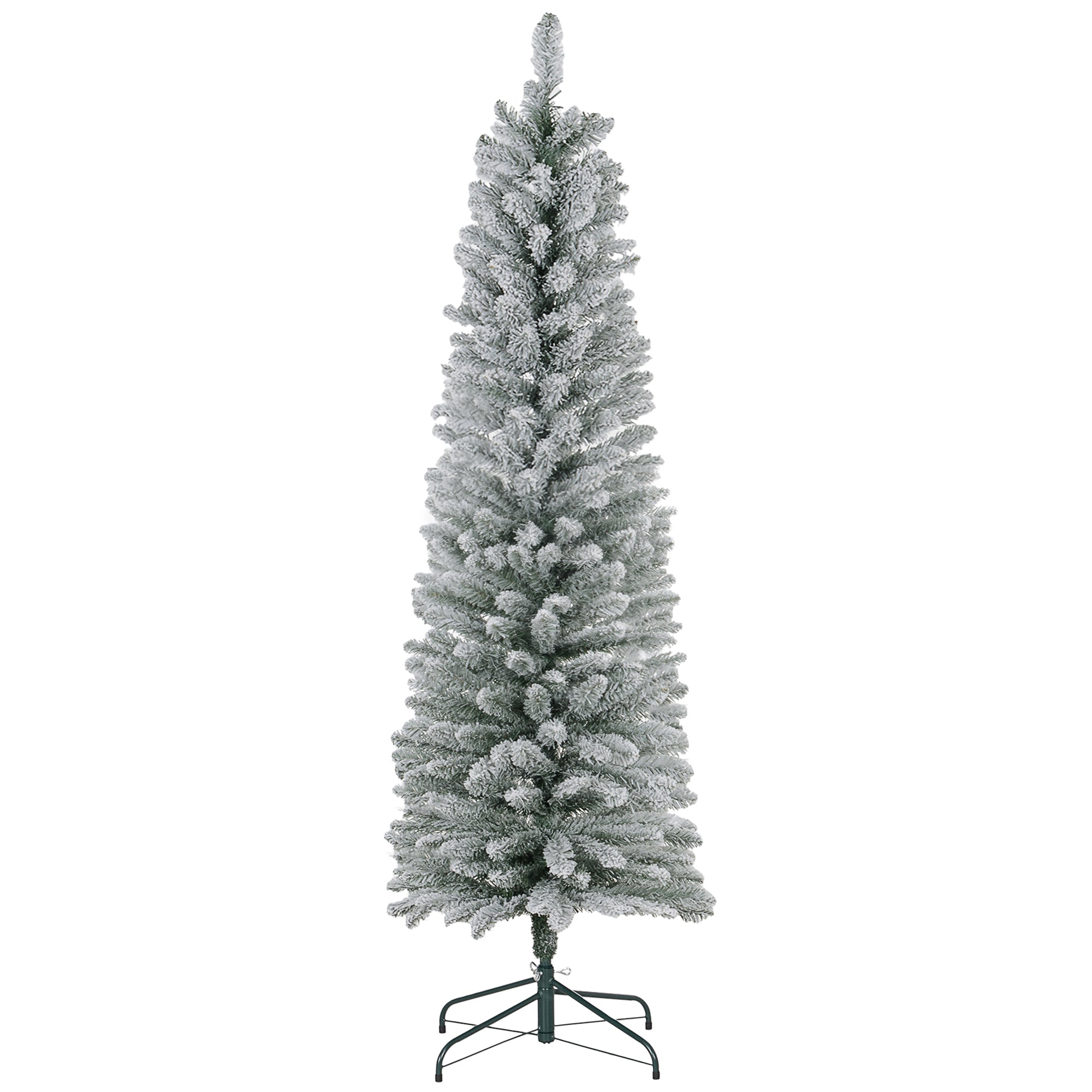 6ft Artificial Pencil Christmas Tree with 329 Snow Flocked Branches, Metal Base, Realistic Xmas Tree, White