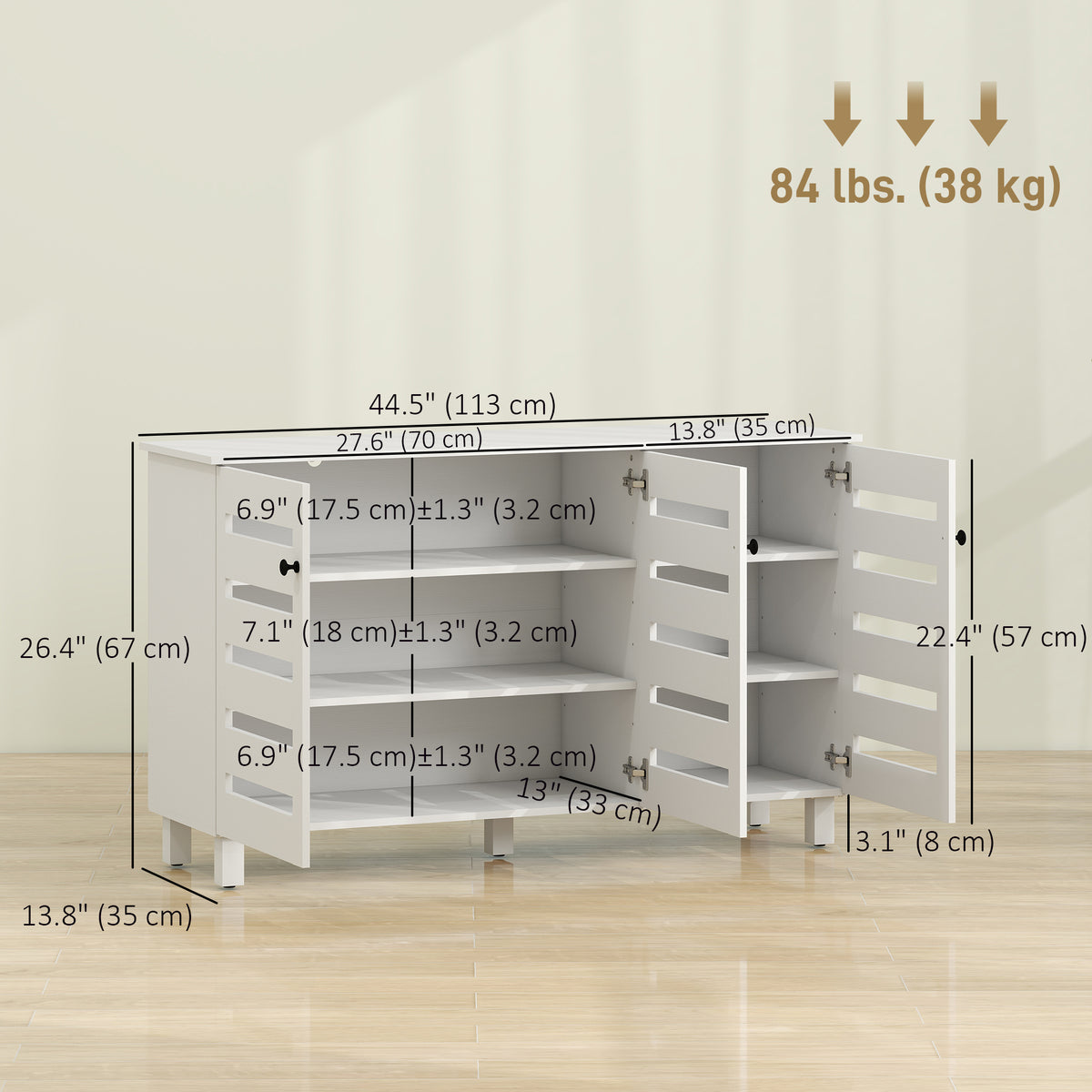Shoe Cabinet, Shoe Storage Cabinet with 3 Slatted Doors, 3-tier Shelving Shoe Rack Cabinet with Adjustable Shelves for Entryway, Hallway, Living Room, Holds 15 Pairs, White