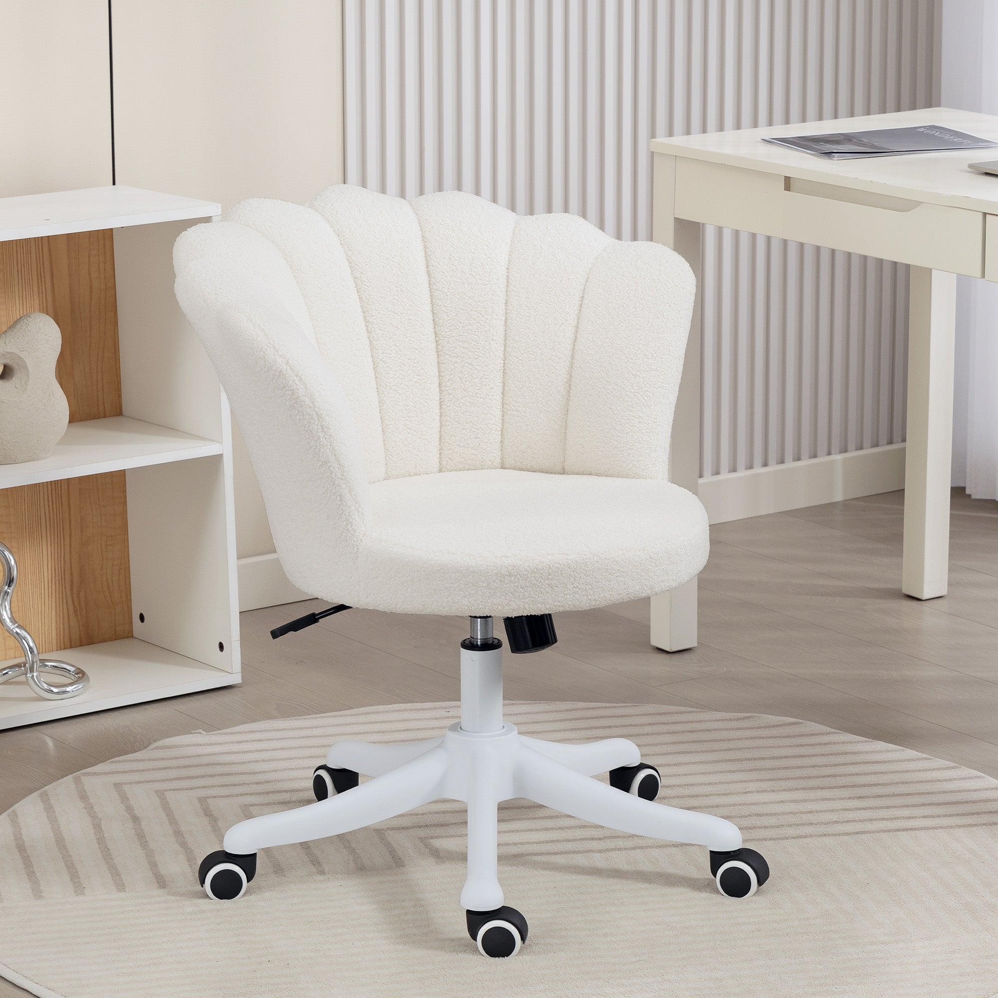 Teddy Fleece Office Chair, Armless Swivel Desk Chair with Adjustable Height, Backrest, Wheels, Padded Seat, Tilt Function for Office, Vanity, Computer, Study, Cream White