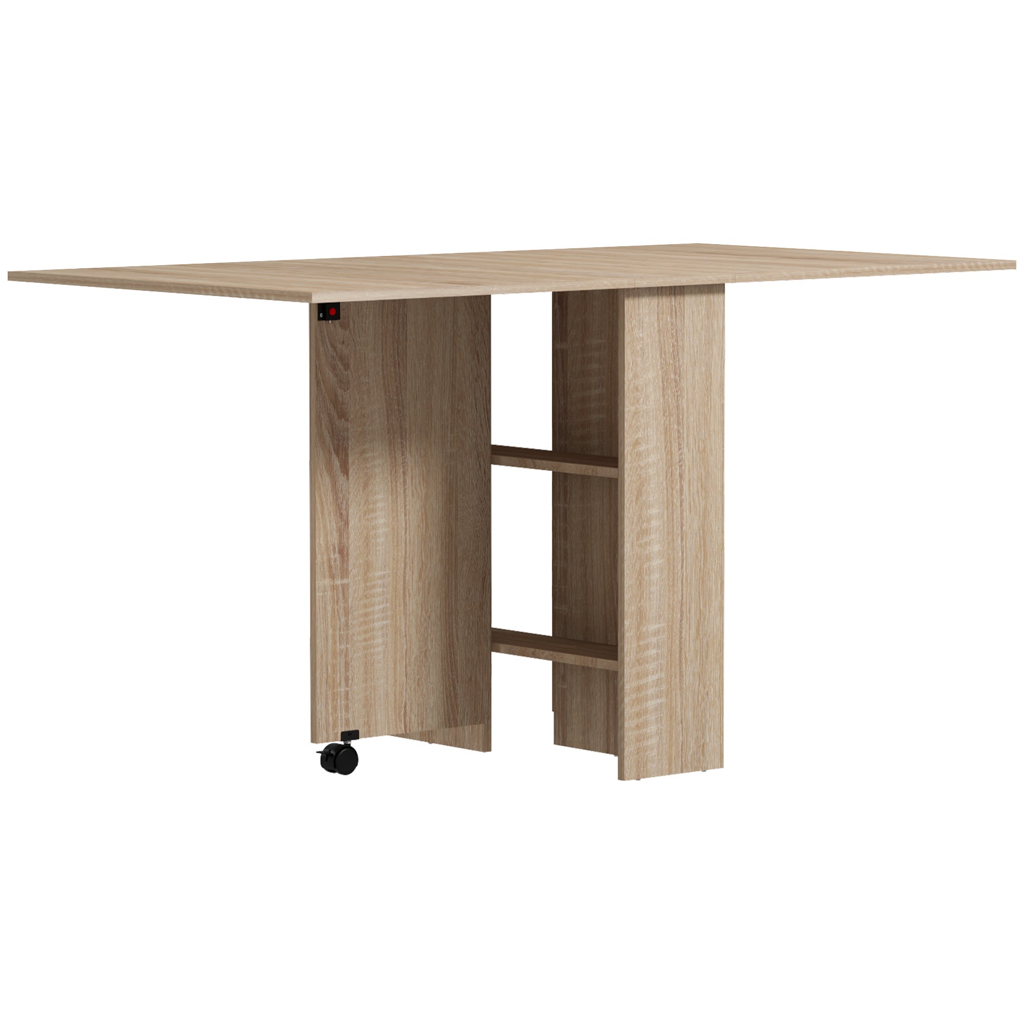 HOMCOM Folding Dining Table, Drop Leaf Table for Small Spaces with 2-tier Shelves, Small Kitchen Table with Rolling Casters, Natural