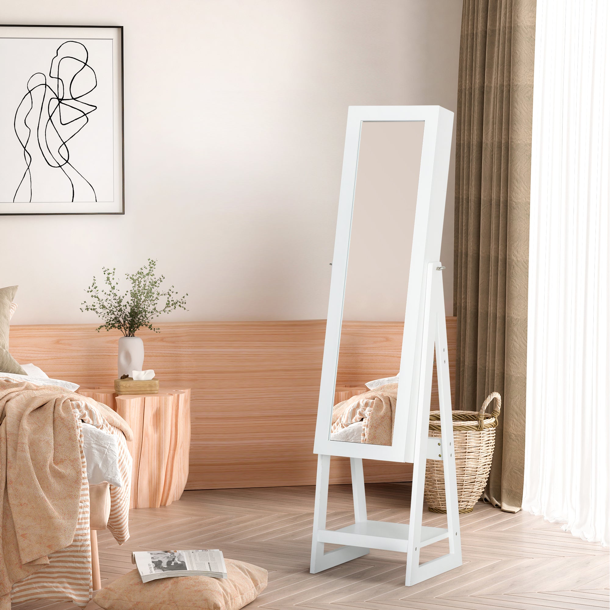 Jewellery Cabinet with Full-Length Mirror, Standing Jewelry Armoire with LED Light, Hooks, Slots, Shelves, Drawers, Folding Panel, Pencil Holders, Mirror with Storage, White