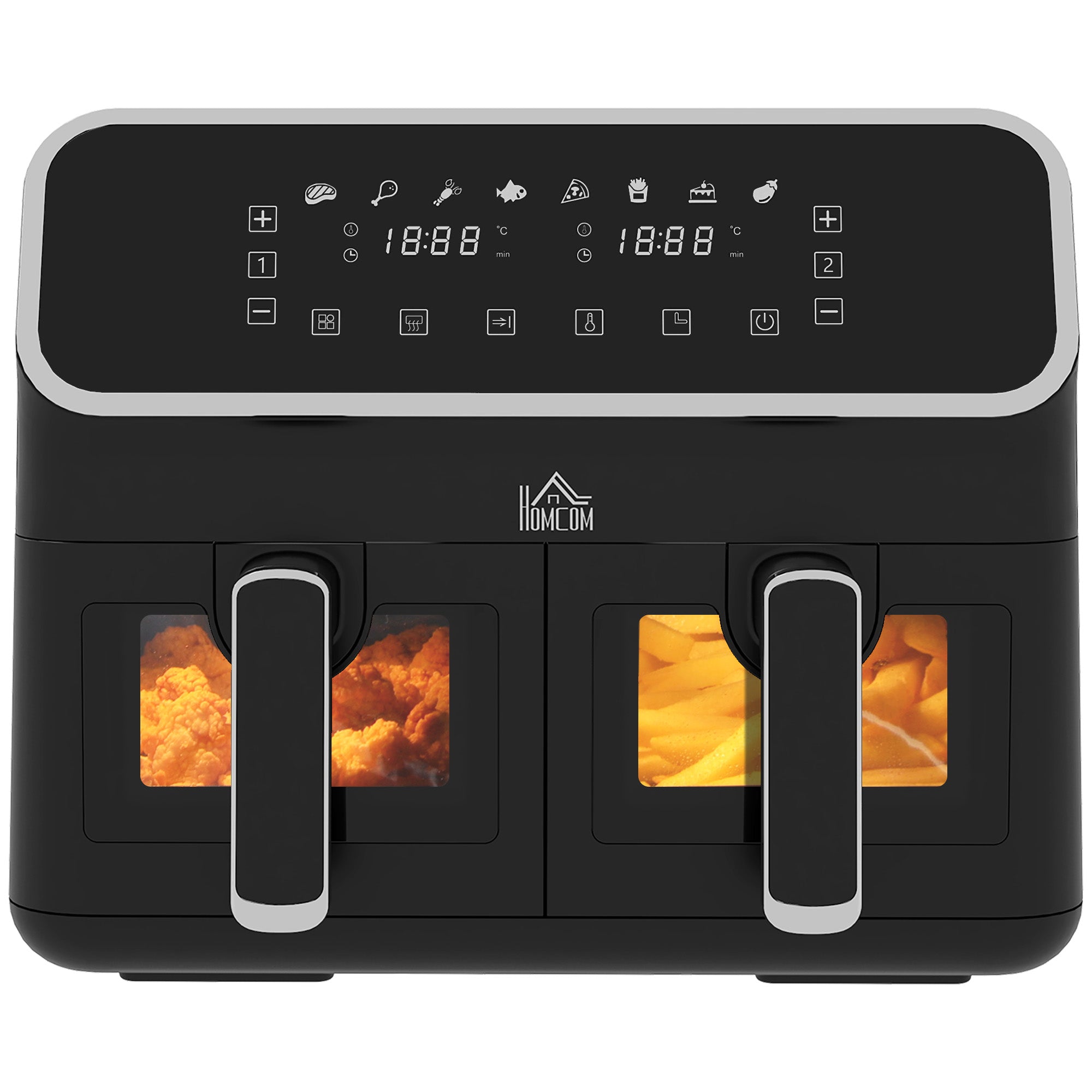 HOMCOM Dual Air Fryer, 8L Family Size Double Air Fryer Oven with 8-In-1 Presets, Smart Finish, Digital Display, Visual Window, Recipe, Timer for Oil Free & Low Fat Healthy Cooking, 2700W,  Silver