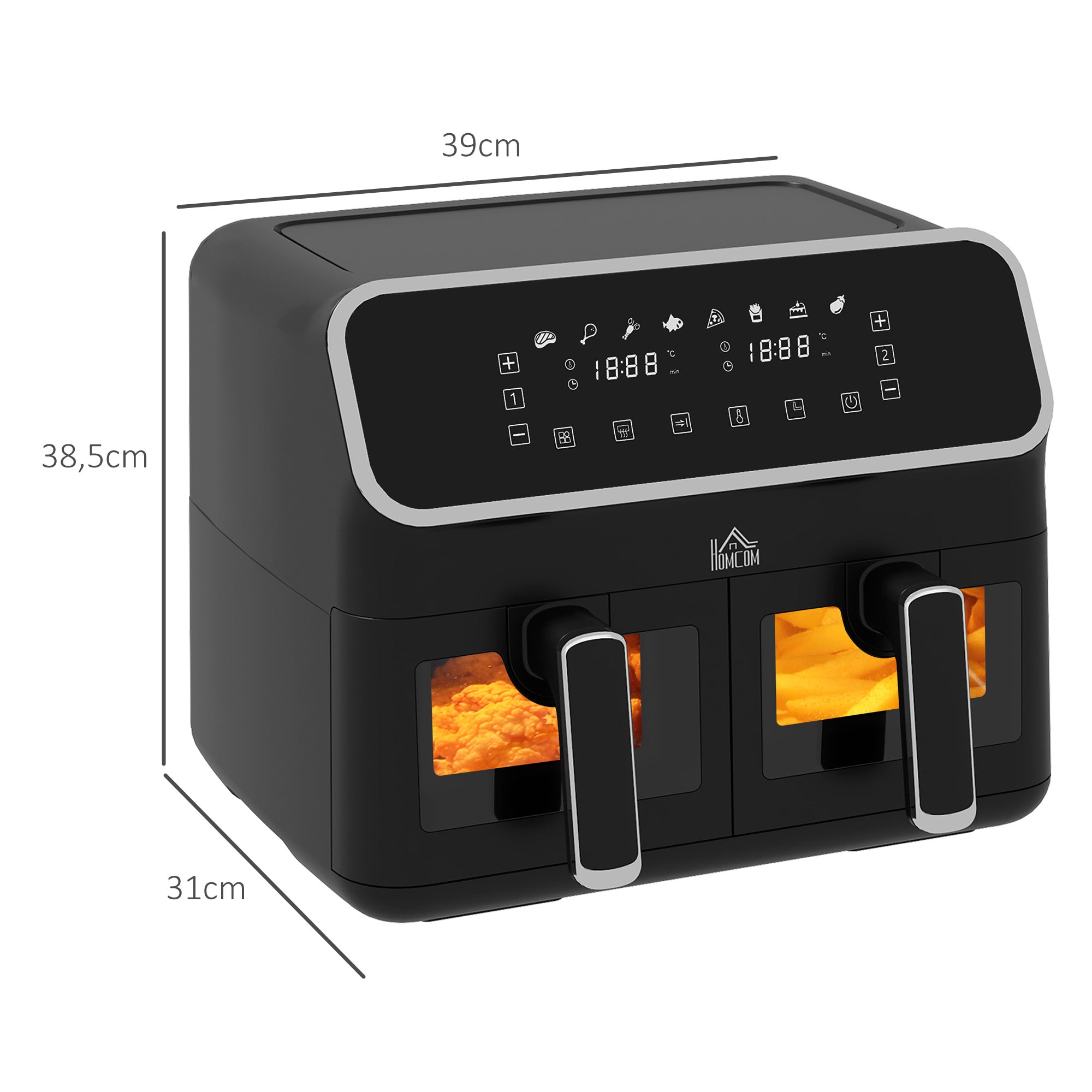 HOMCOM Dual Air Fryer, 8L Family Size Double Air Fryer Oven with 8-In-1 Presets, Smart Finish, Digital Display, Visual Window, Recipe, Timer for Oil Free & Low Fat Healthy Cooking, 2700W,  Silver