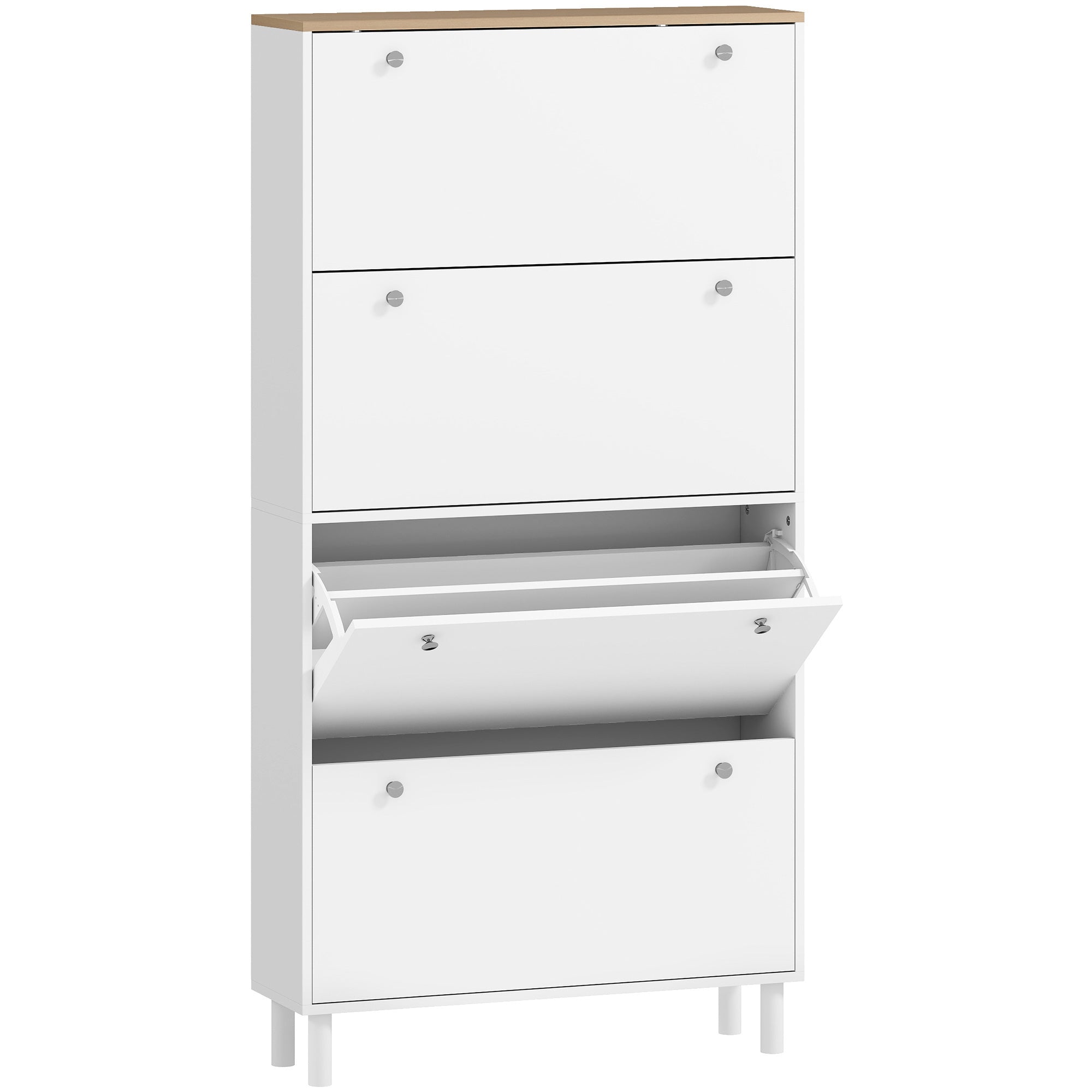 Narrow Shoe Cabinet with 4 Flip Drawers, Slim Shoe Storage Cabinet with Adjustable Shelves for Entryway Hallway, Holds 24–32 Pairs, White