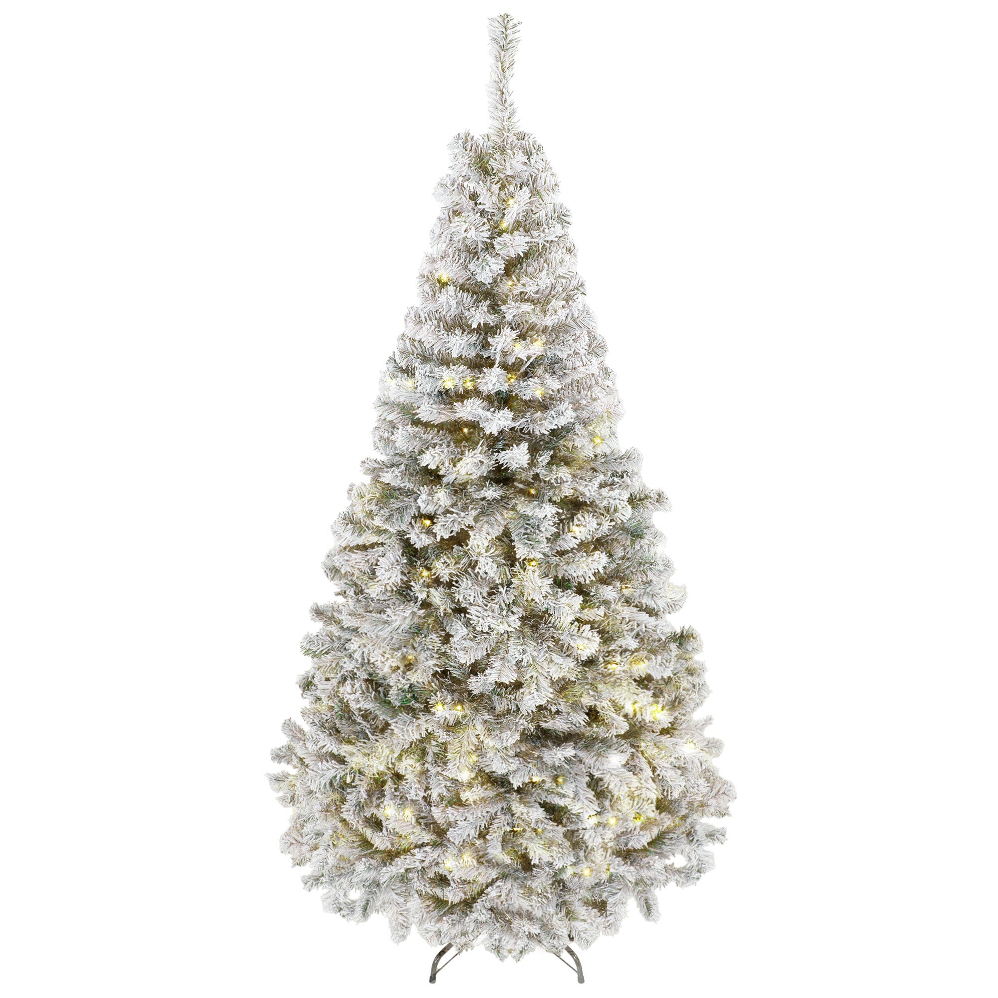 6ft Flocked Prelit Christmas Tree, Fraser Fir, Hinged Xmas Tree with 790 Branch Tips, 220 Warm White LED Lights, Foldable Metal Base for Indoor Holiday Decor, Green White