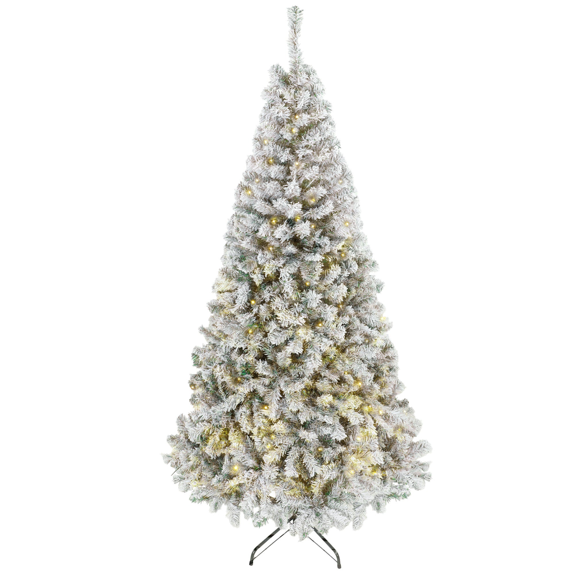 6ft Flocked Prelit Christmas Tree, Fraser Fir, Hinged Xmas Tree with 790 Branch Tips, 220 Warm White LED Lights, Foldable Metal Base for Indoor Holiday Decor, Green White