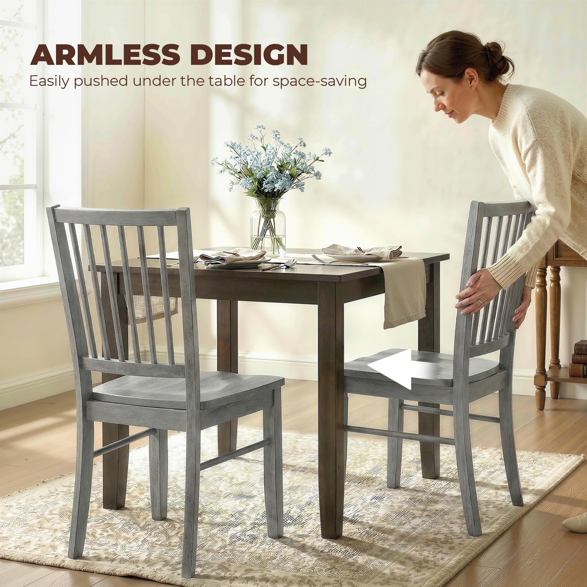 Farmhouse Dining Chairs Set of 2, Ergonomic Solid Wood Armless Kitchen Chairs with Rubberwood Legs for Dining Room, Kitchen, Rustic Gray