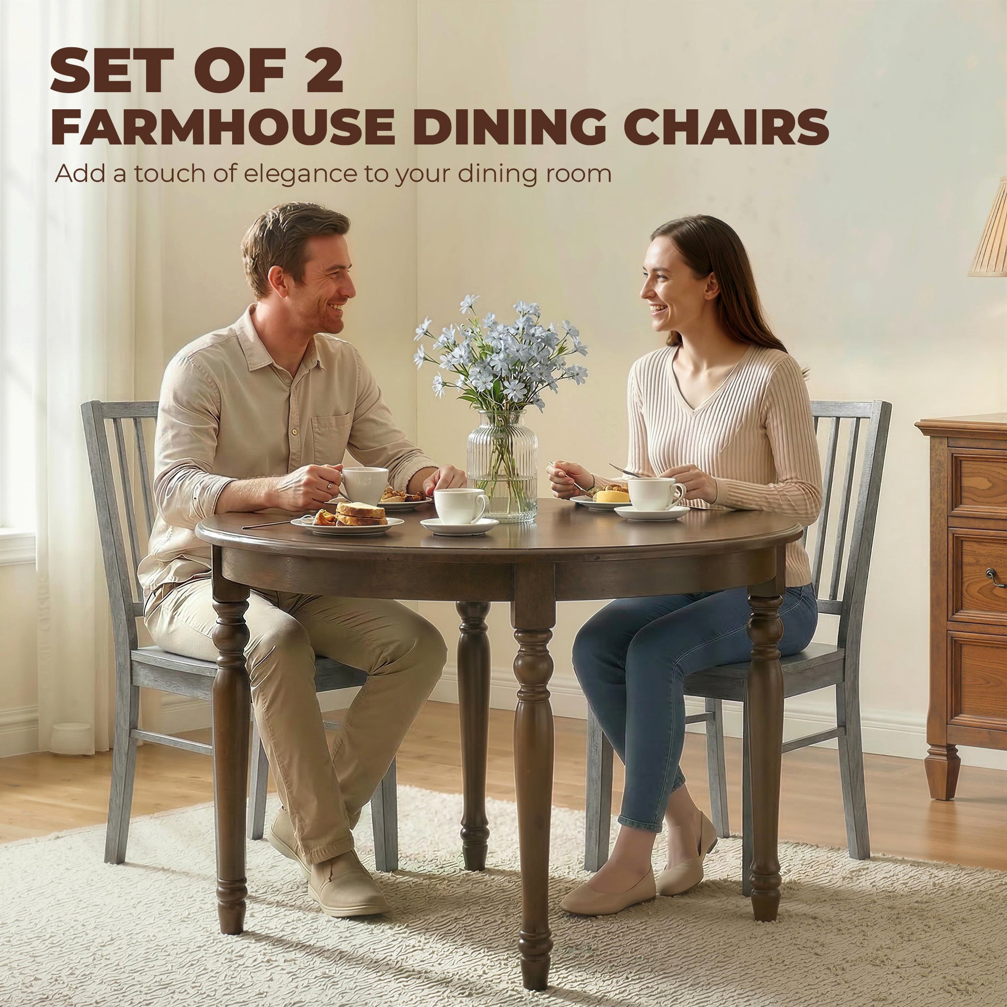 Farmhouse Dining Chairs Set of 2, Ergonomic Solid Wood Armless Kitchen Chairs with Rubberwood Legs for Dining Room, Kitchen, Rustic Gray