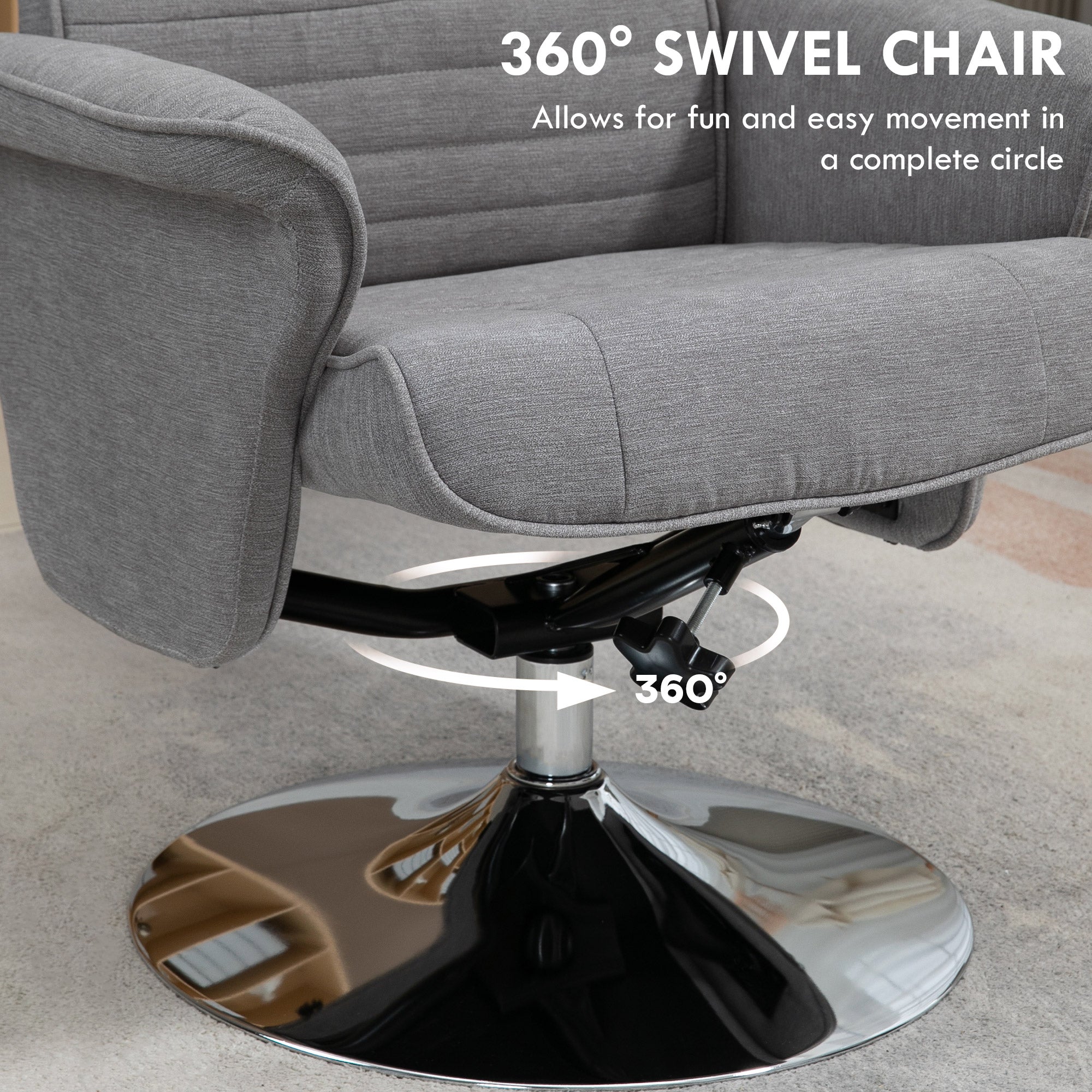 Swivel Recliner Chair with Footstool, Velvet Recliner Armchair with Ottoman, Steel Base, Upholstered Reclining Chair for Living Room, Bedroom, Office, Grey