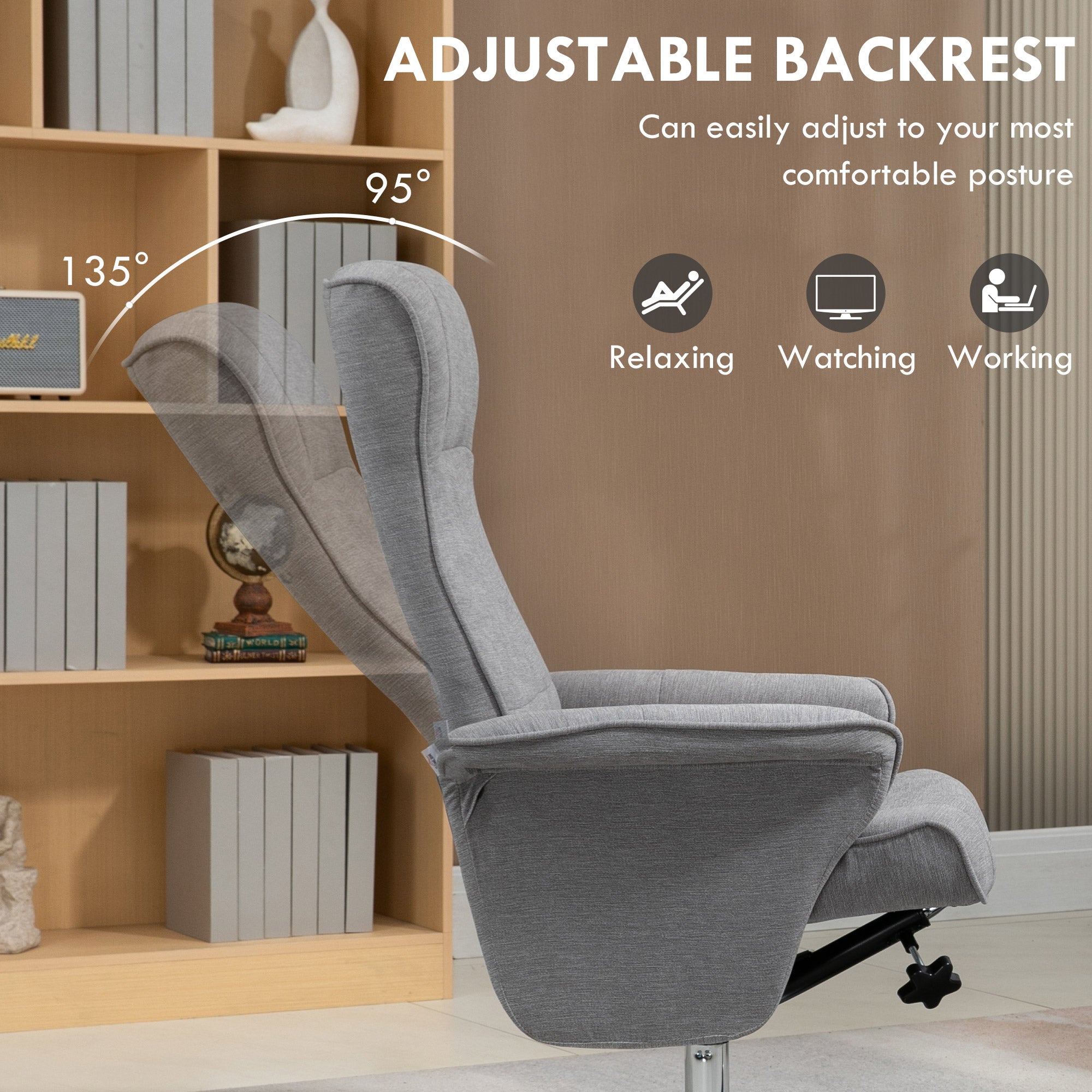 Swivel Recliner Chair with Footstool, Velvet Recliner Armchair with Ottoman, Steel Base, Upholstered Reclining Chair for Living Room, Bedroom, Office, Grey