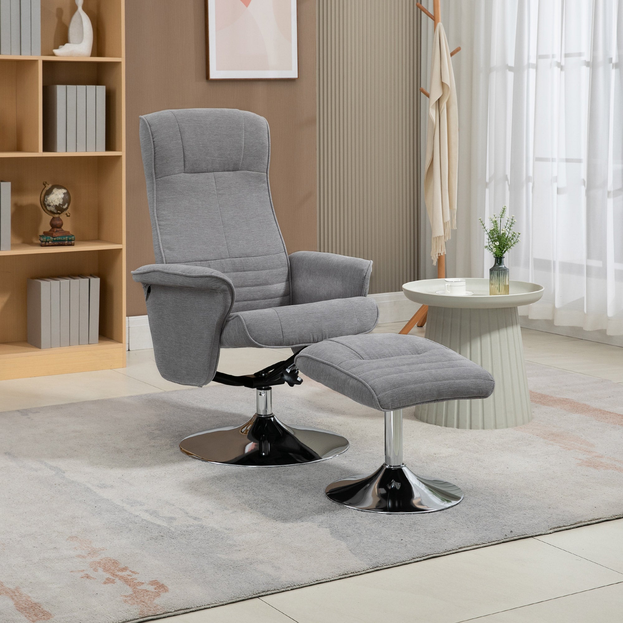Swivel Recliner Chair with Footstool, Velvet Recliner Armchair with Ottoman, Steel Base, Upholstered Reclining Chair for Living Room, Bedroom, Office, Grey