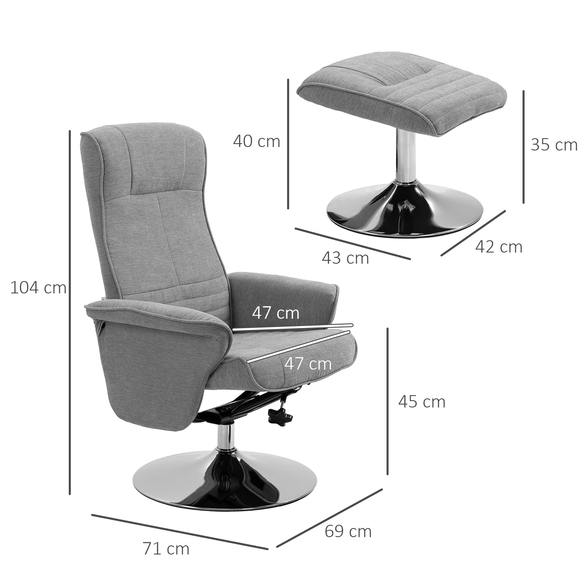 Swivel Recliner Chair with Footstool, Velvet Recliner Armchair with Ottoman, Steel Base, Upholstered Reclining Chair for Living Room, Bedroom, Office, Grey