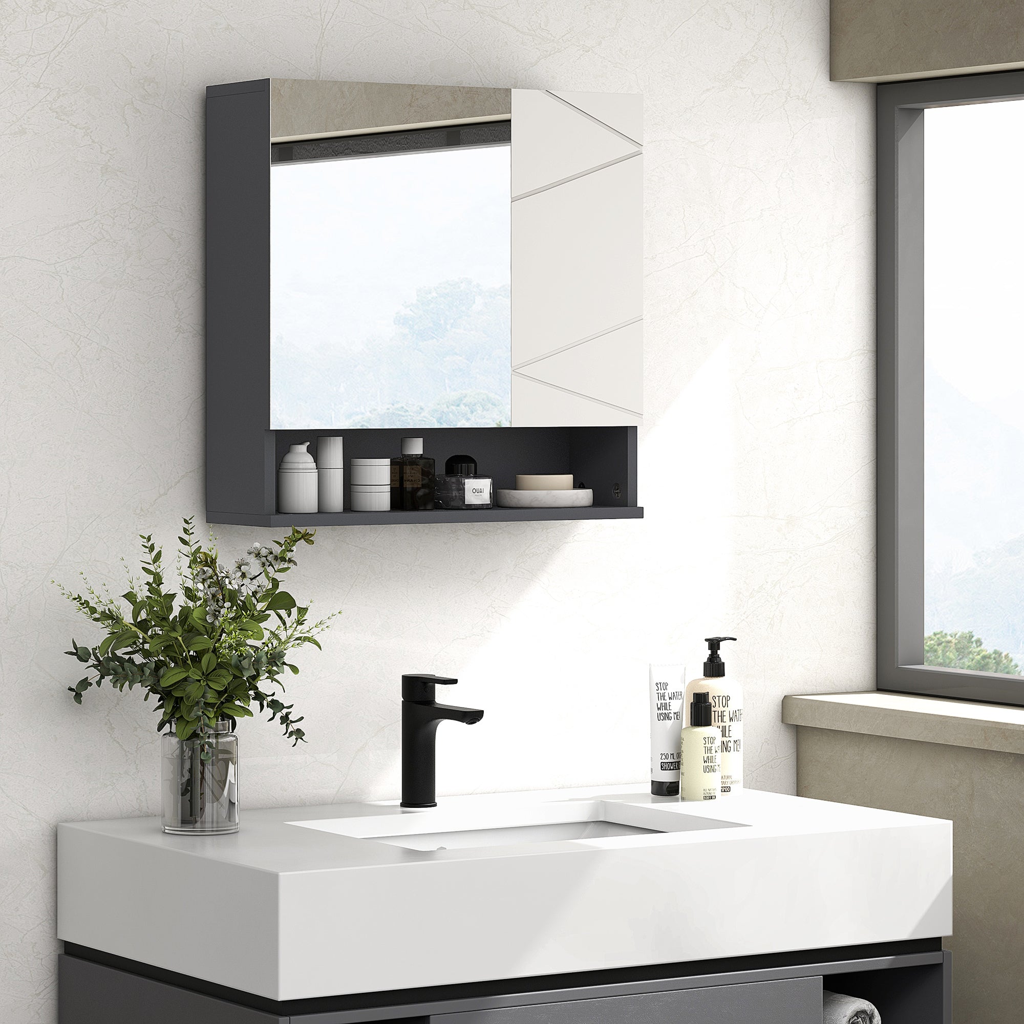 kleankin Bathroom Mirror Cabinet, Wall Mounted Bathroom Storage Cupboard with Adjustable Shelves, 55W x 17D x 55Hcm, Light Grey