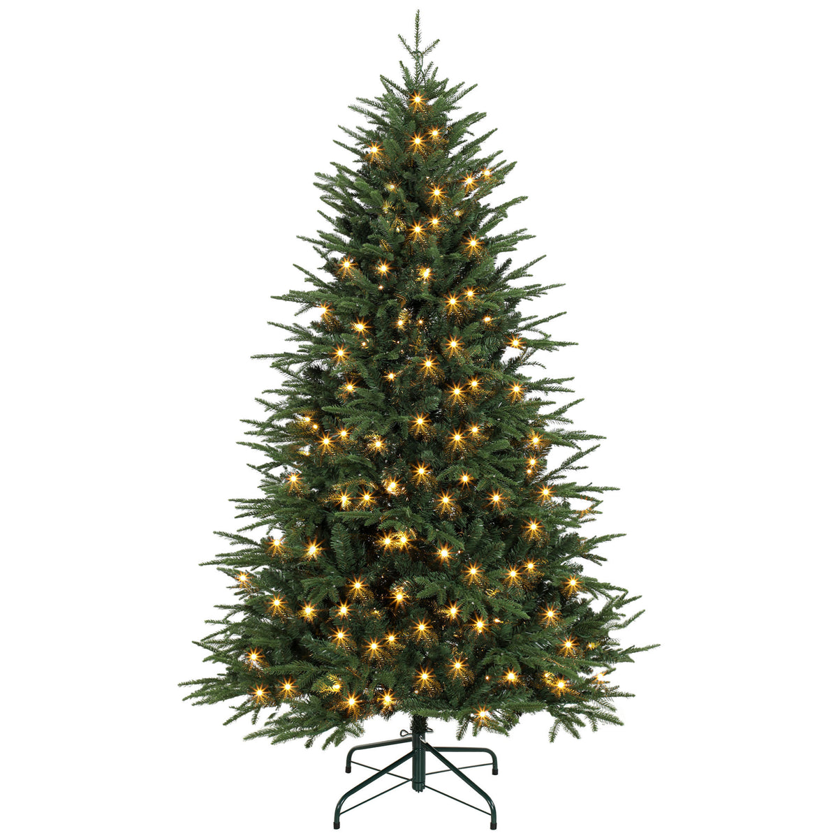 6ft Prelit Christmas Tree, Wide Spruce, Artificial Hinged Xmas Tree with 300 Warm White LED Lights, 2345 Tips, Foldable Metal Stand for Holiday, Green