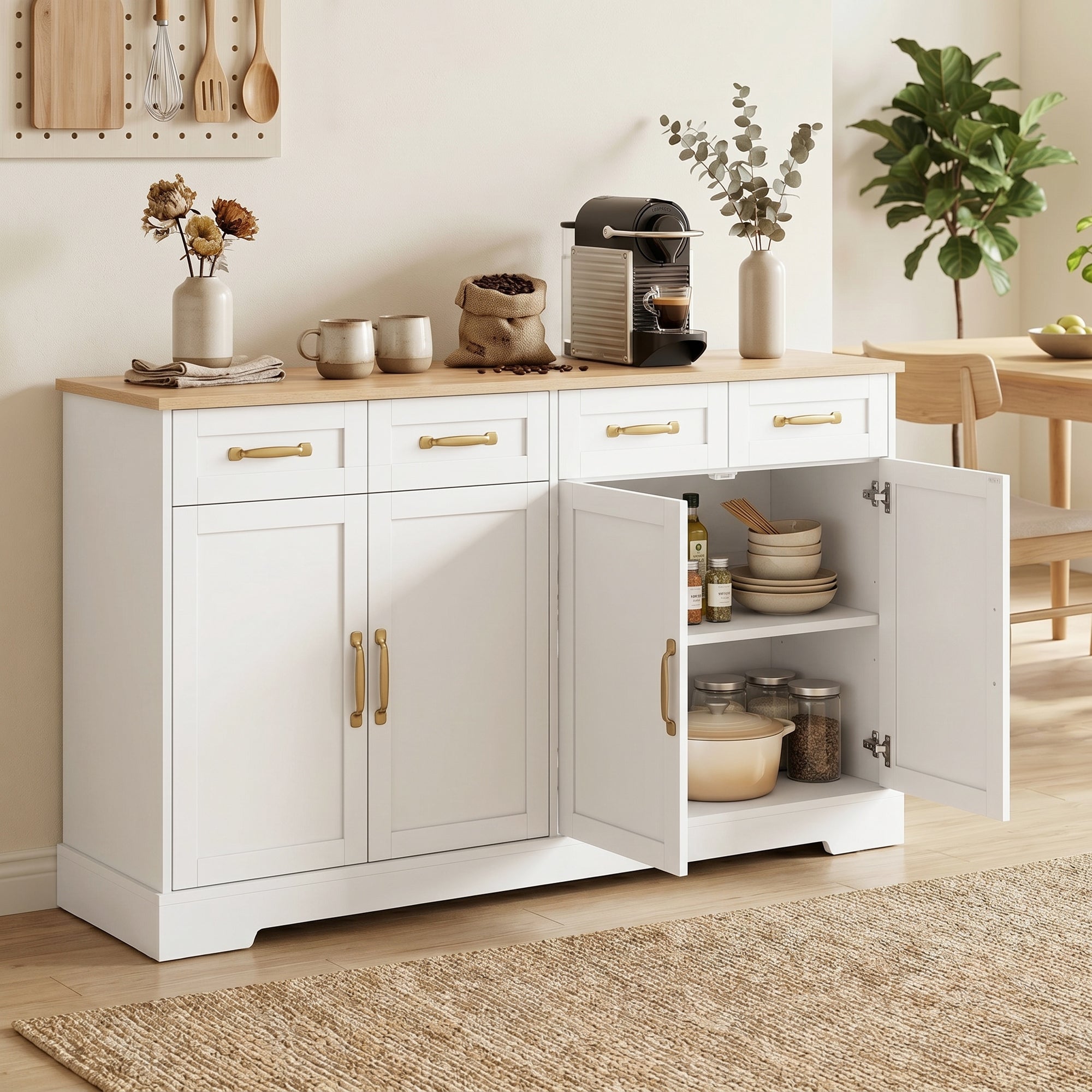 Sideboard Buffet Cabinet, 140 cm Modern Farmhouse Kitchen Storage Cabinet with 4 Drawers, 4 Doors and 2 Adjustable Shelves, Coffee Bar Station, White