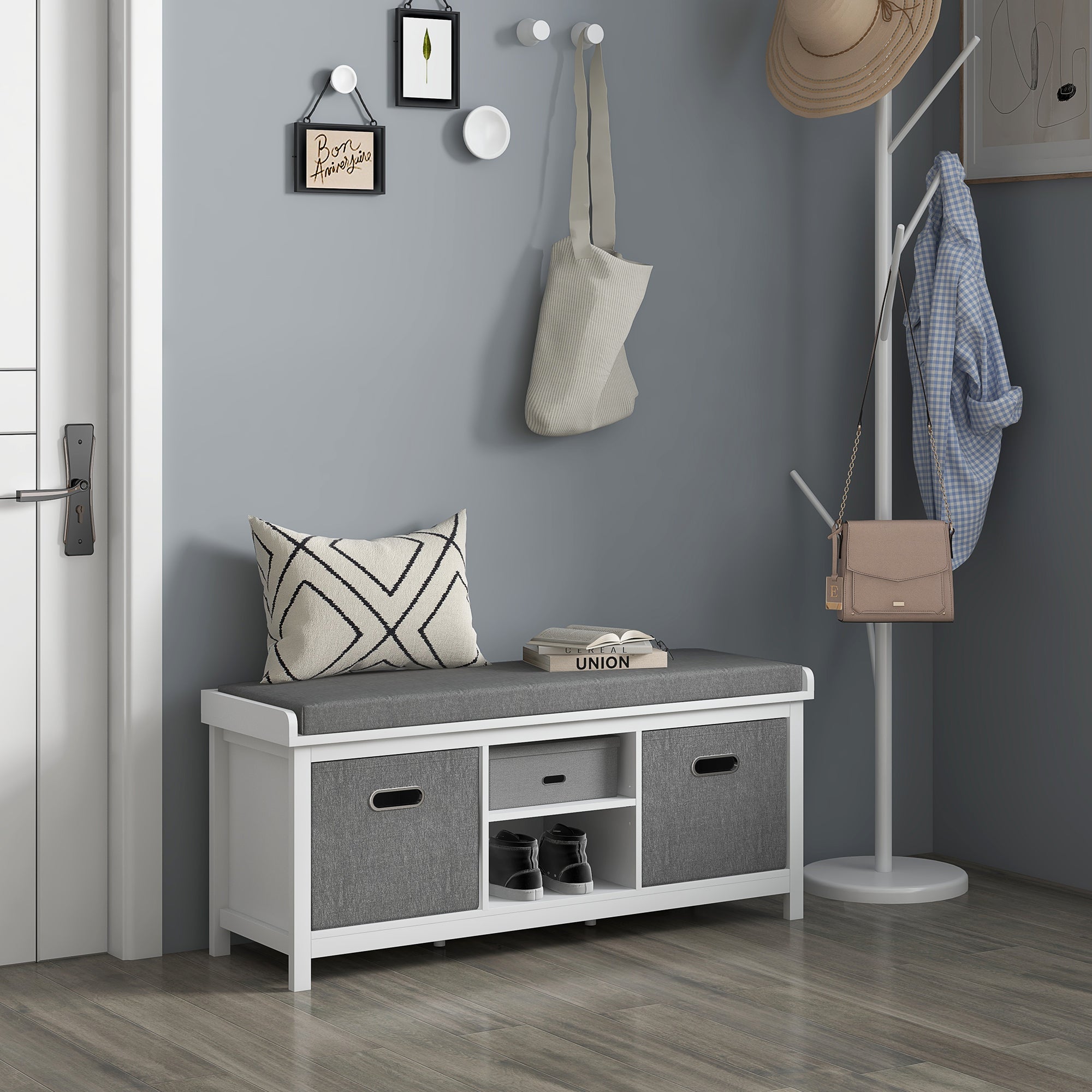 HOMCOM Shoe Bench with Seat, Shoe Storage Bench with Cushion, 2 Drawers and Adjustable Shelf for Entryway, Hallway, Living Room, Bedroom, White