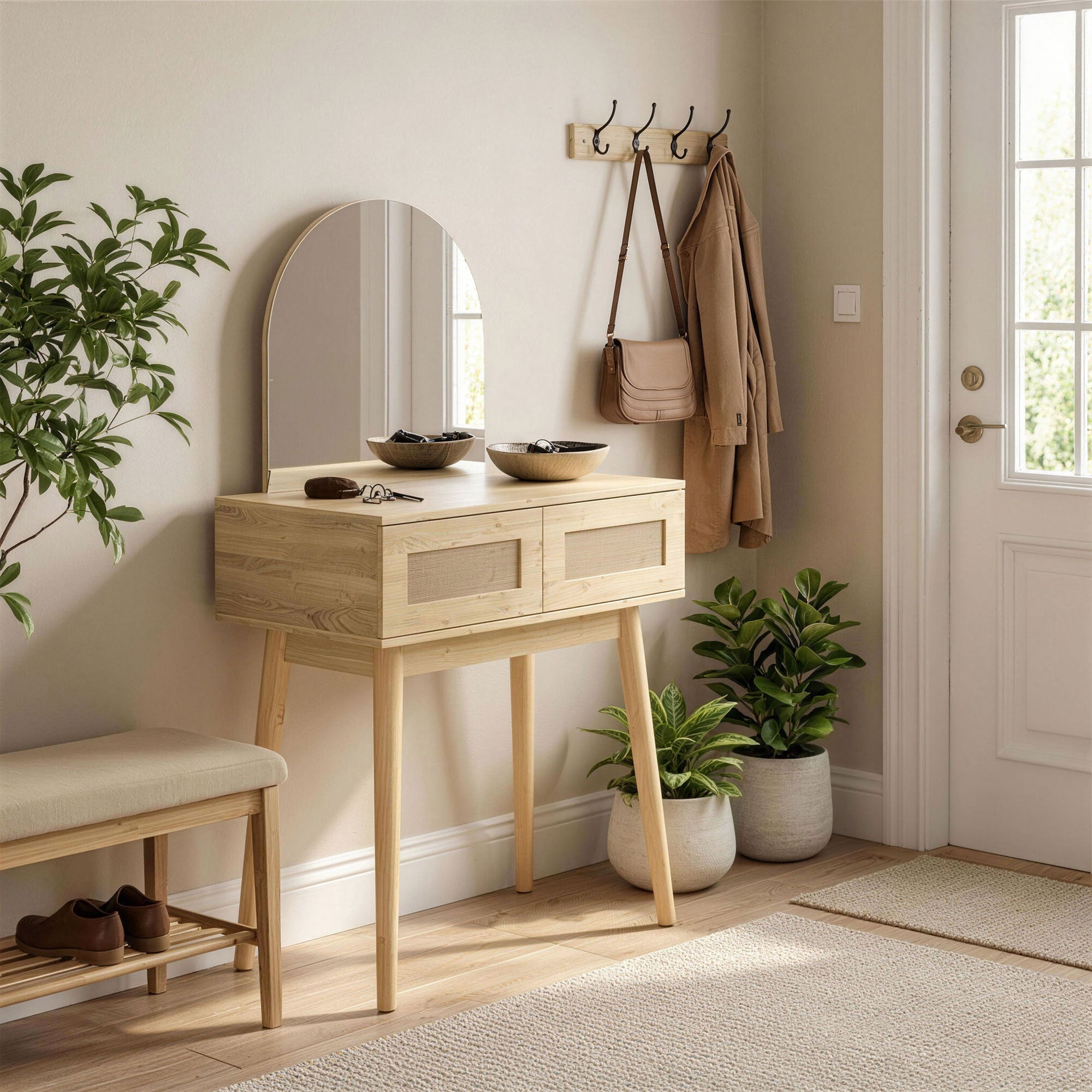 Vanity Desk with Arched Mirror, Modern Compact Makeup Vanity with 2 Drawers, Dressing Table for Bedroom, Natural Wood
