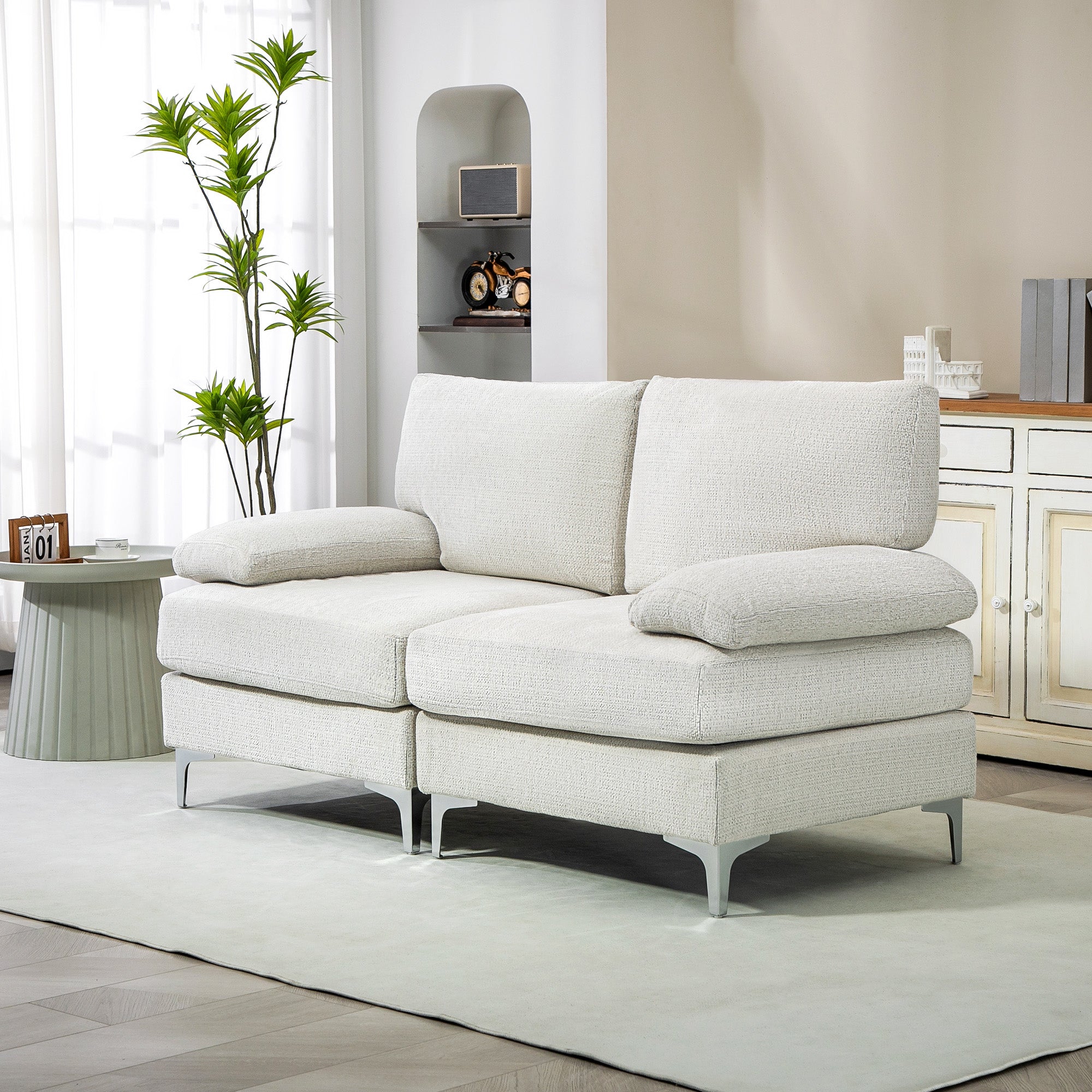 HOMCOM 2 Seater Sofa, Modern Fabric Loveseat with Spring Cushion and Metal Legs, Small Couch for Living Room, Bedroom, Home Office, Reception, Cream White