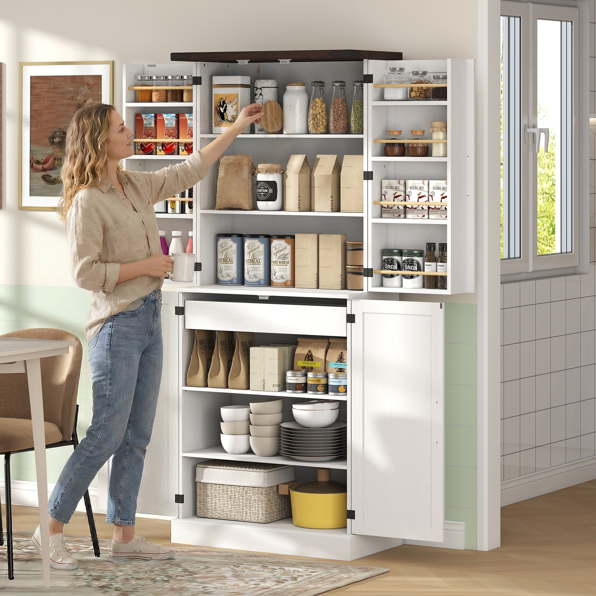 72" Tall Kitchen Pantry Cabinet, Farmhouse Storage Cabinet with 8 Door Racks and Drawer, Freestanding Food Pantry with Adjustable Shelves and Barn Doors, White