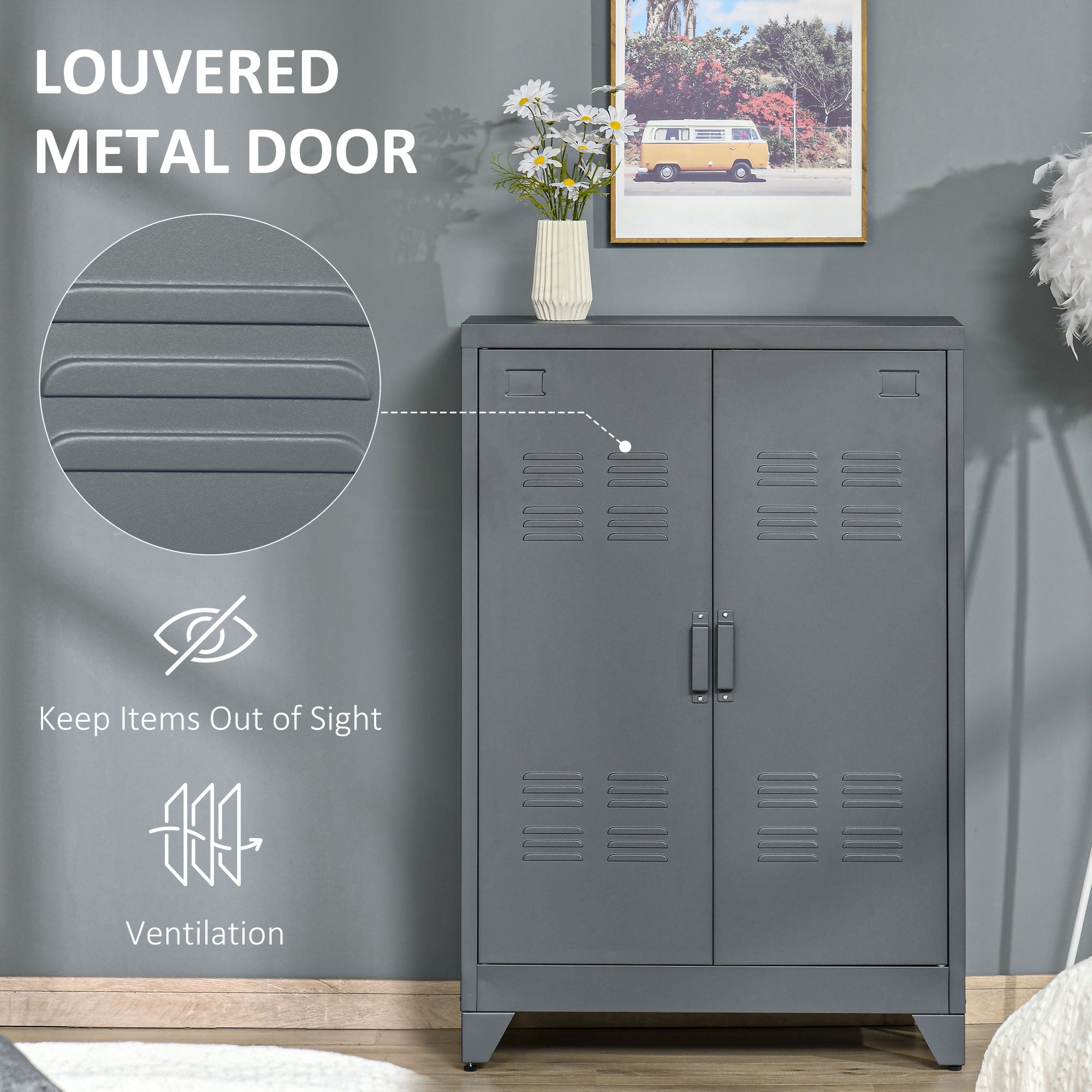 Industrial Steel Garage Storage Cabinet w/ Double Doors & Adjustable Shelves, Grey - HOMCOM