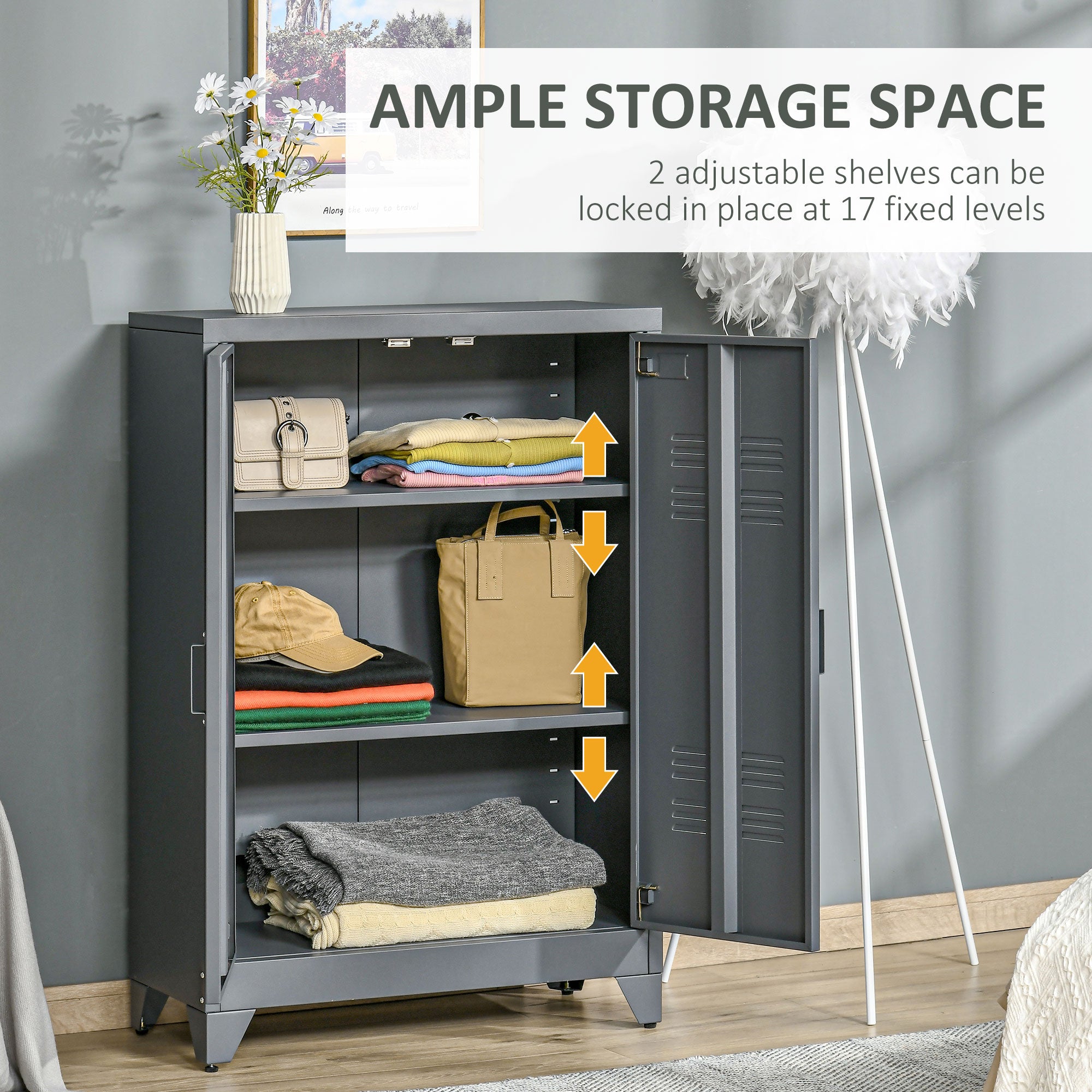 Industrial Steel Garage Storage Cabinet w/ Double Doors & Adjustable Shelves, Grey - HOMCOM