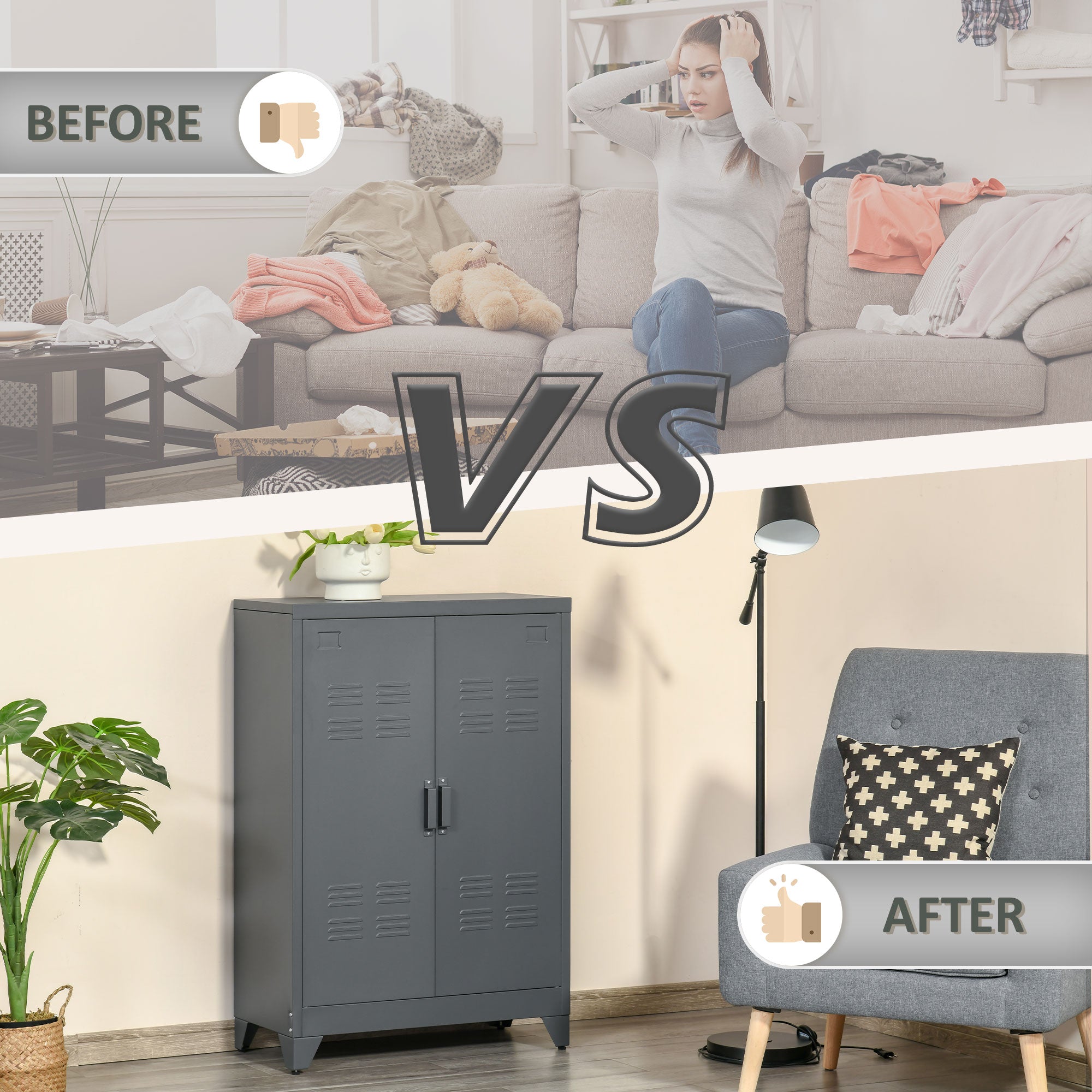 Industrial Steel Garage Storage Cabinet w/ Double Doors & Adjustable Shelves, Grey - HOMCOM