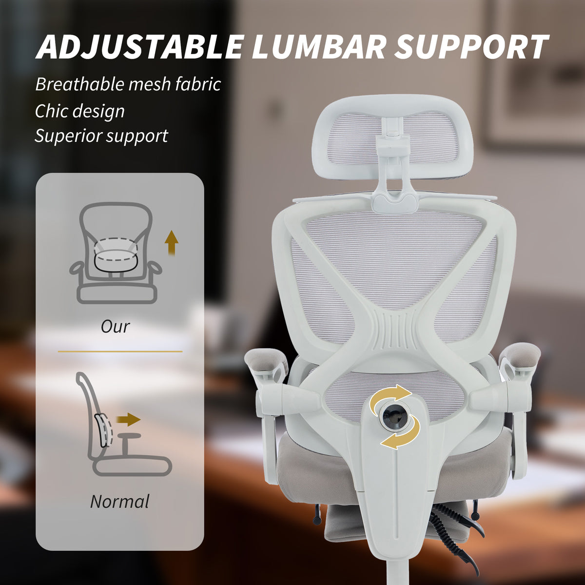 Ergonomic Office Chair, Mesh Computer Desk Chair with Adjustable Headrest and Height, Lumbar Support, High Back, Reclining Function, Footrest, Light Grey