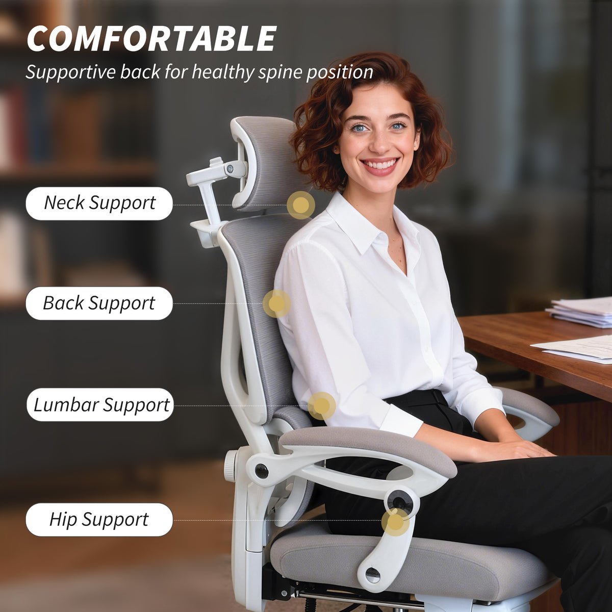 Ergonomic Office Chair, Mesh Computer Desk Chair with Adjustable Headrest and Height, Lumbar Support, High Back, Reclining Function, Footrest, Light Grey