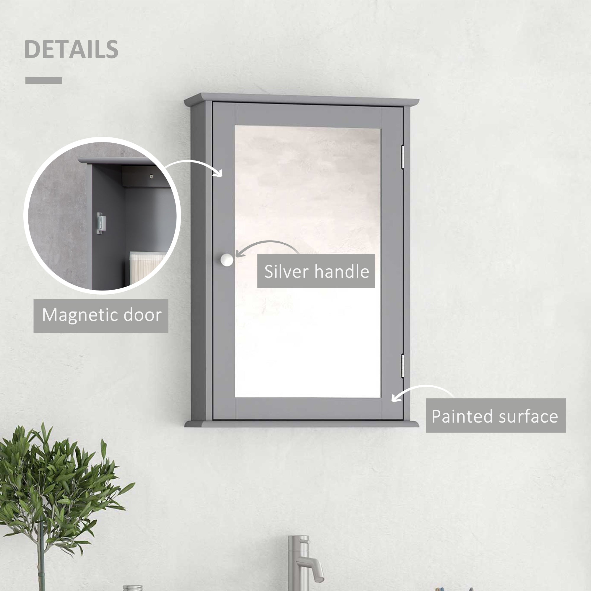 kleankin Bathroom Mirror Cabinet, Wall Mounted Medicine Cabinet, Storage Cupboard with Door and Shelves, Grey