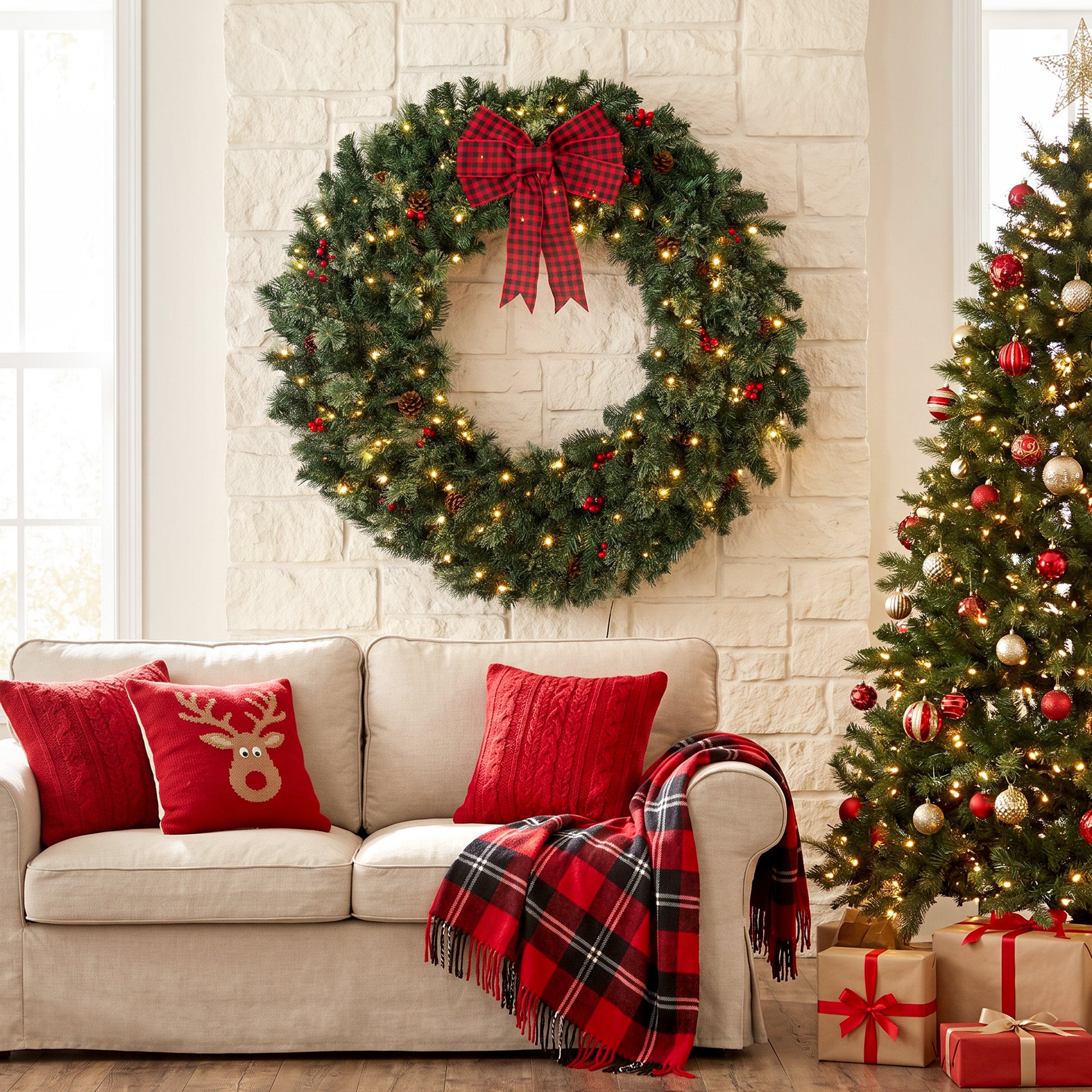 48 in Pre-Lit Crestwood Spruce Artificial Christmas Wreath, Christmas Decoration with Bow, 150 LED Lights, 500 Tips, 8 Modes, Red Berries, Pinecones for Door, Indoor Covered Outdoor, Green