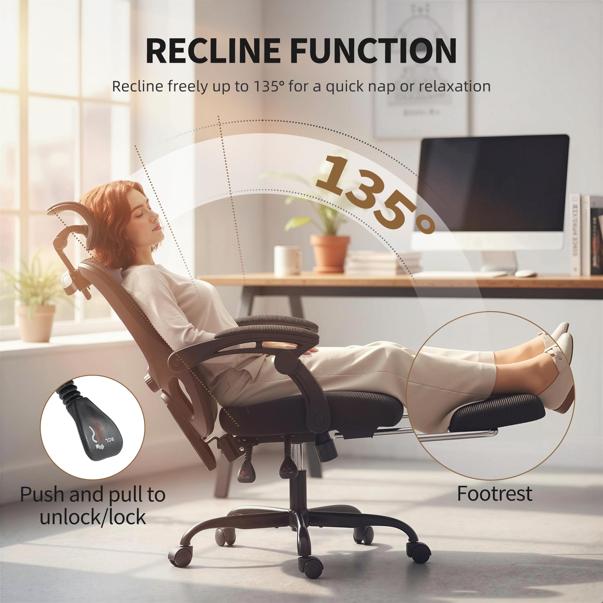 Ergonomic Office Chair, Mesh Computer Desk Chair with Adjustable Headrest, Lumbar Support, High Back, Reclining Function, Retractable Footrest, Black