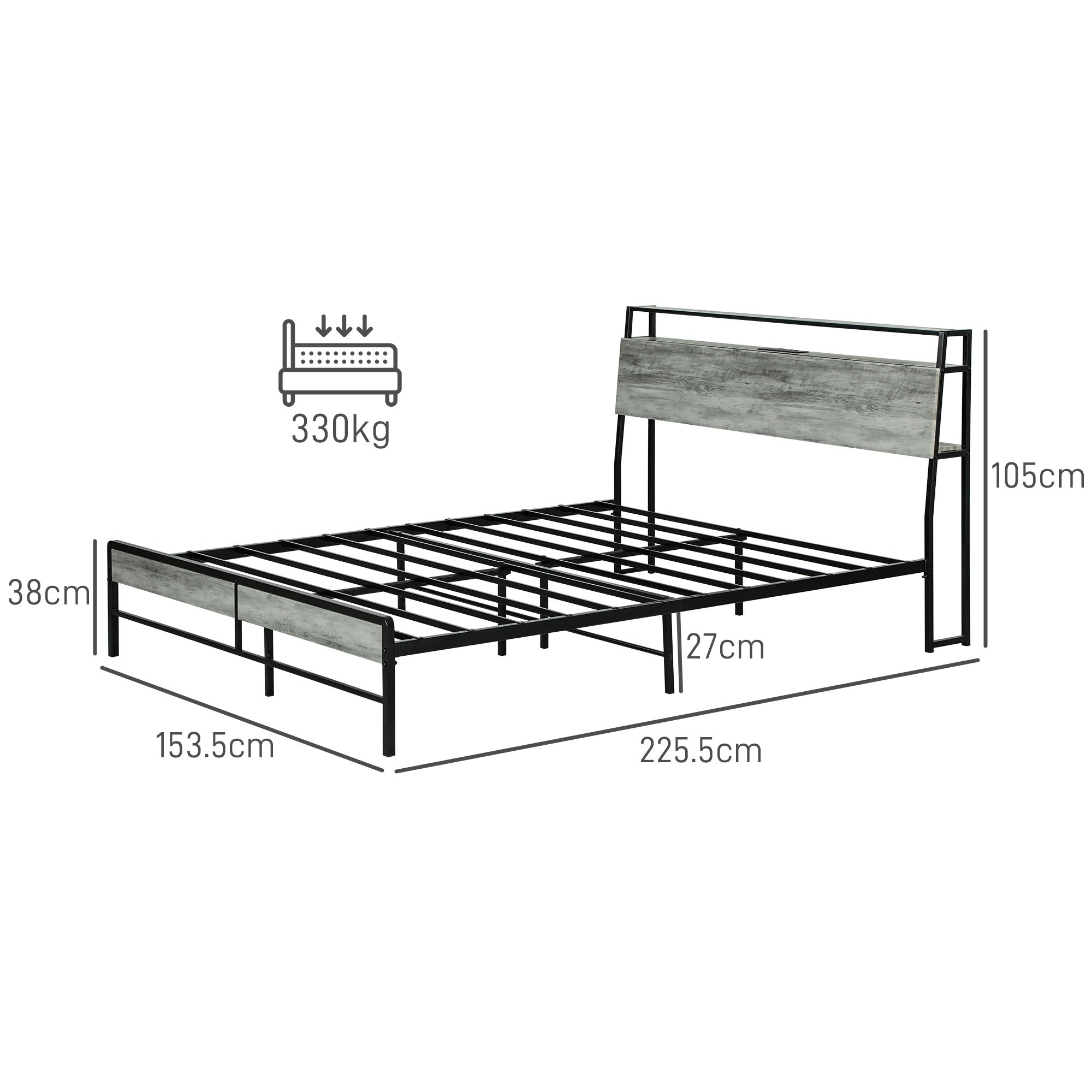 HOMCOM 5ft King Size Bed Frame with LED Lights and Charging Station, Platform Bed Frame with Storage Headboard, Steel Slat Support, No Box Spring Needed, Easy Assembly, Cement Grey