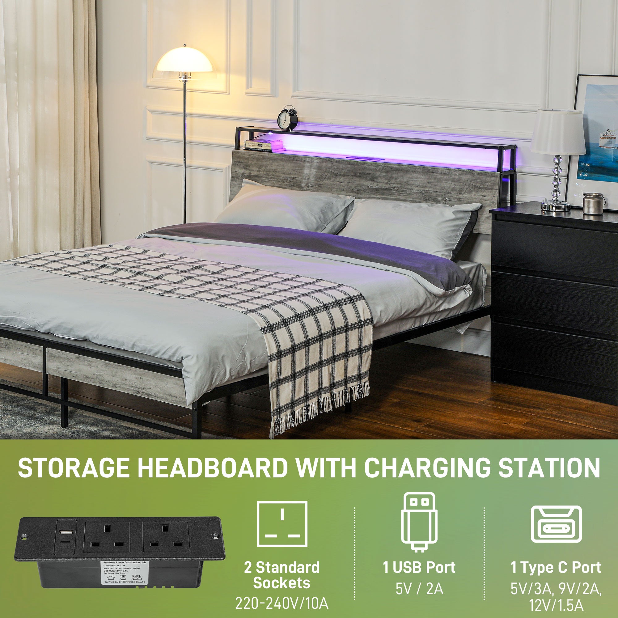 HOMCOM 5ft King Size Bed Frame with LED Lights and Charging Station, Platform Bed Frame with Storage Headboard, Steel Slat Support, No Box Spring Needed, Easy Assembly, Cement Grey