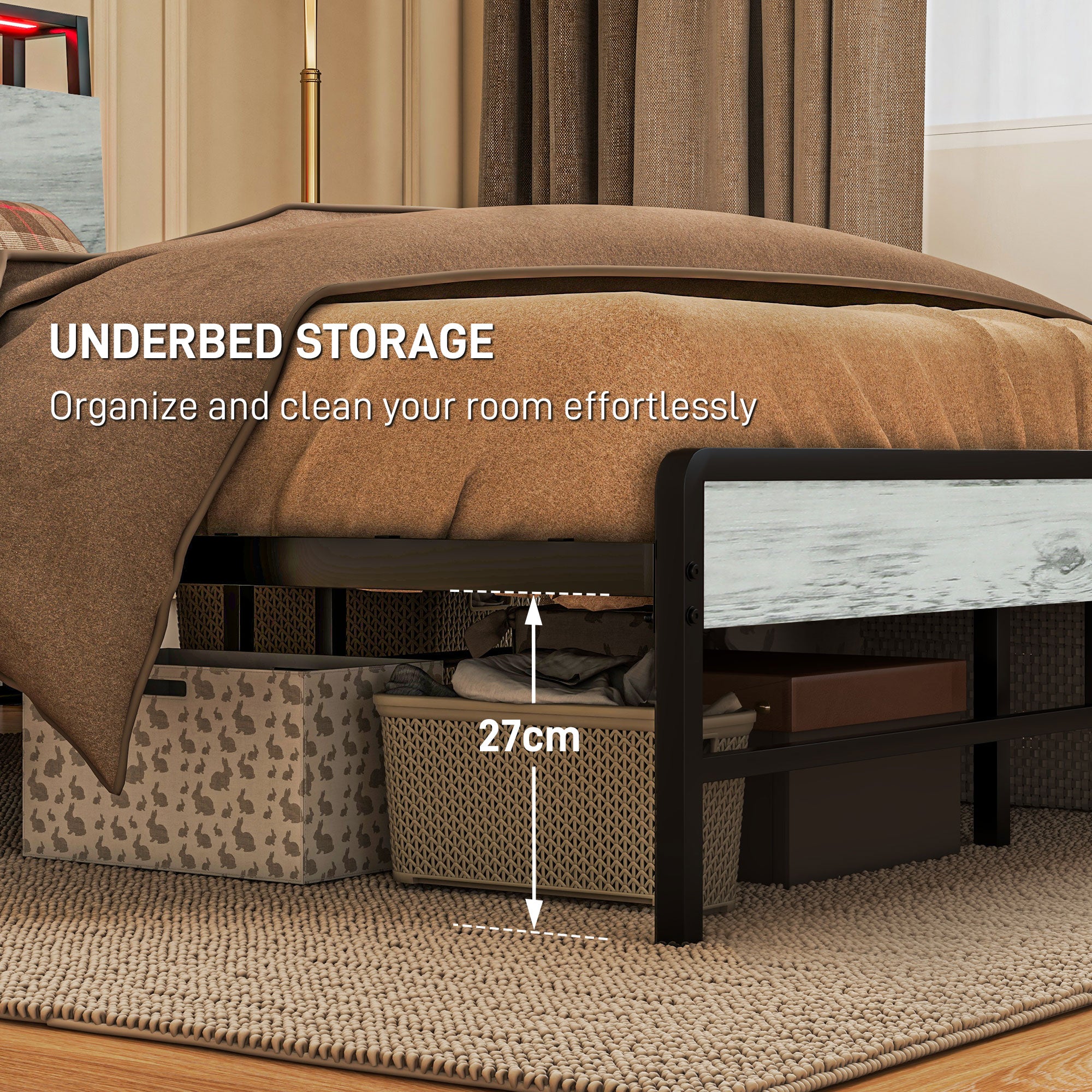 HOMCOM 5ft King Size Bed Frame with LED Lights and Charging Station, Platform Bed Frame with Storage Headboard, Steel Slat Support, No Box Spring Needed, Easy Assembly, Cement Grey