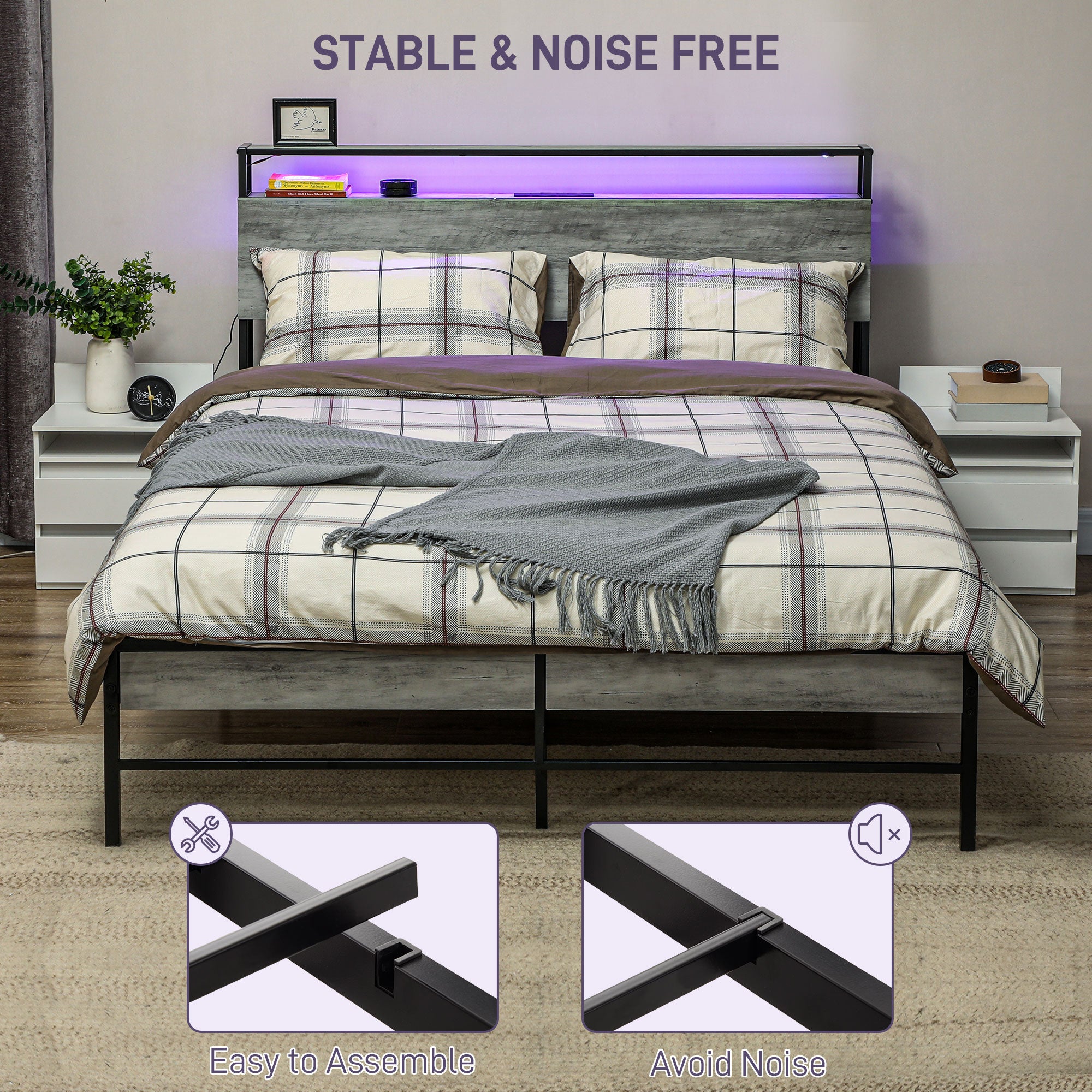 HOMCOM 5ft King Size Bed Frame with LED Lights and Charging Station, Platform Bed Frame with Storage Headboard, Steel Slat Support, No Box Spring Needed, Easy Assembly, Cement Grey