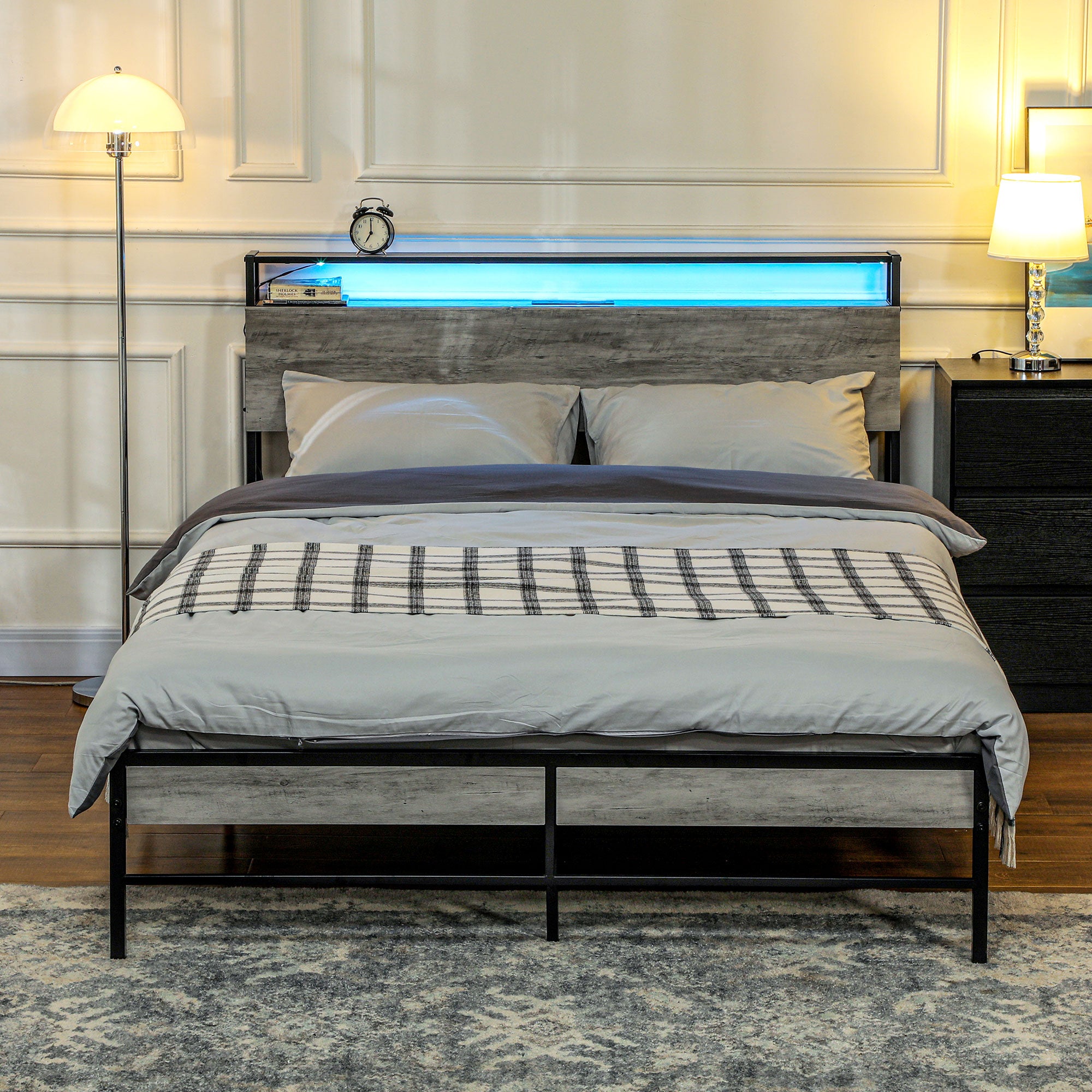 HOMCOM 5ft King Size Bed Frame with LED Lights and Charging Station, Platform Bed Frame with Storage Headboard, Steel Slat Support, No Box Spring Needed, Easy Assembly, Cement Grey