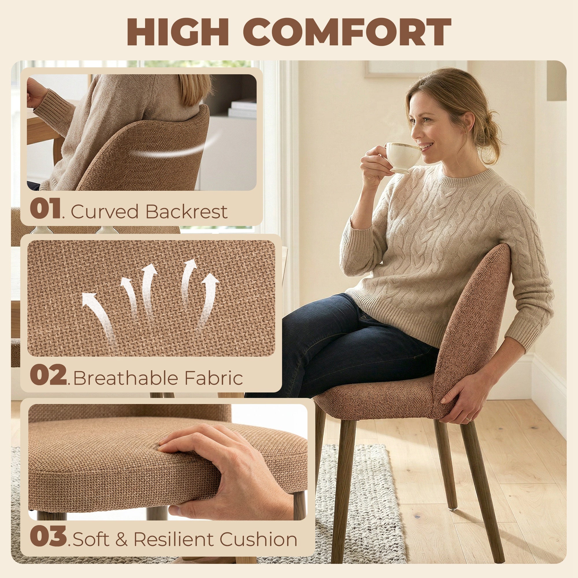 Dining Chairs Set of 2, Modern Linen Upholstered Kitchen Chairs with Padded Seat, Curved Backrest, Rubberwood Legs for Dining Room, Bedroom, Living Room, Easy Assembly, Brown