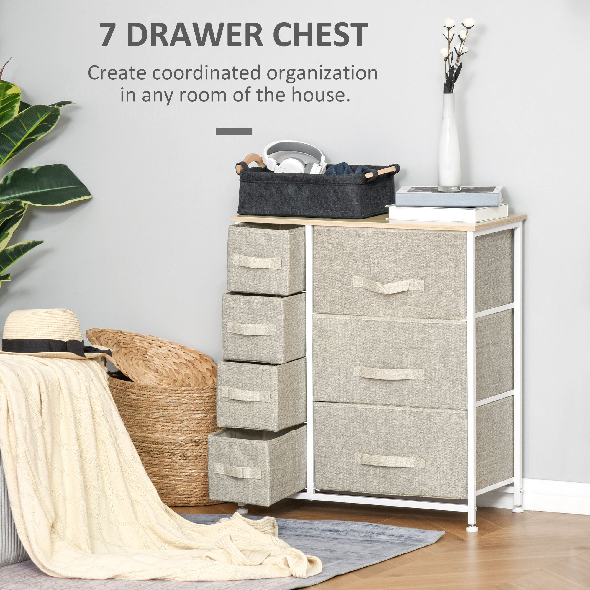 Chest of Drawers with 7 Drawers, Fabric Drawers with Large Storage Space, Drawers Dresser with Metal Frame, Adjustable Feet for Bedroom Living Room, Light Grey