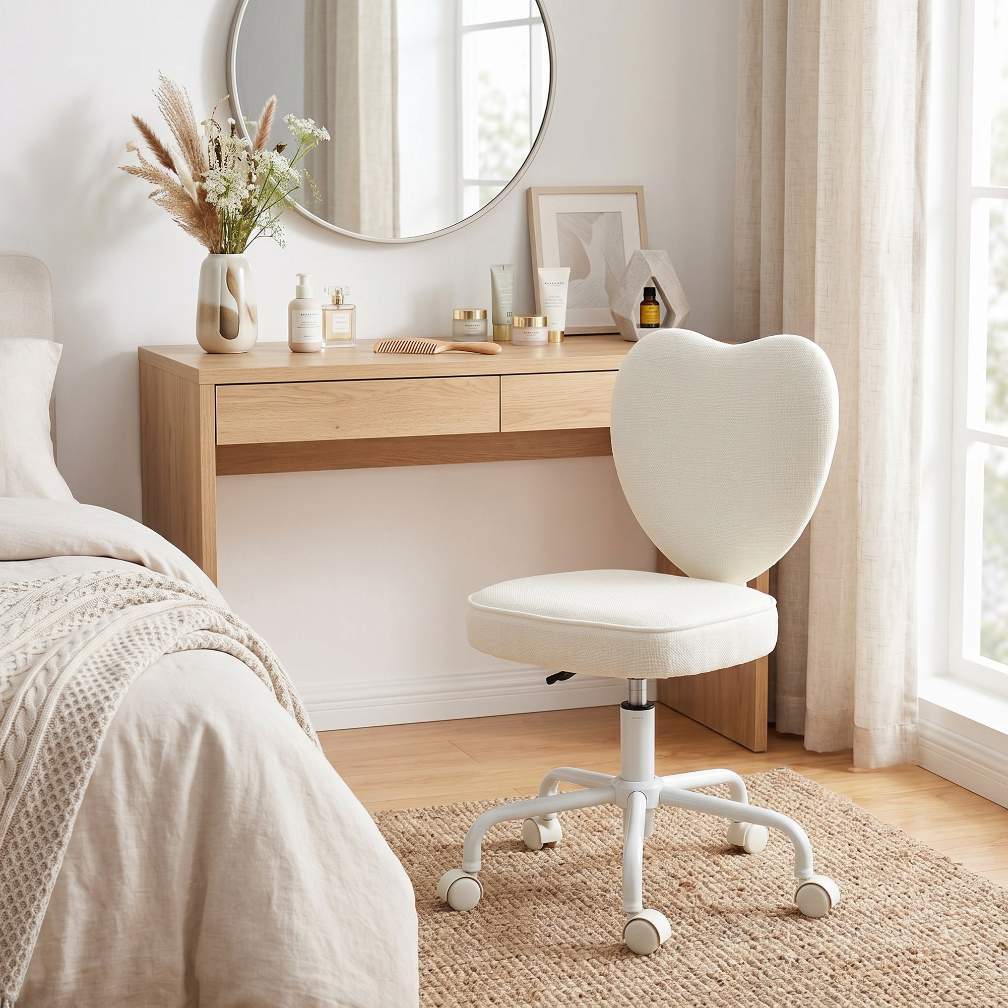 Armless Home Office Chair, Modern Fabric Makeup Vanity Chair with Heart Shape, Swivel Wheels, Height Adjustable, White